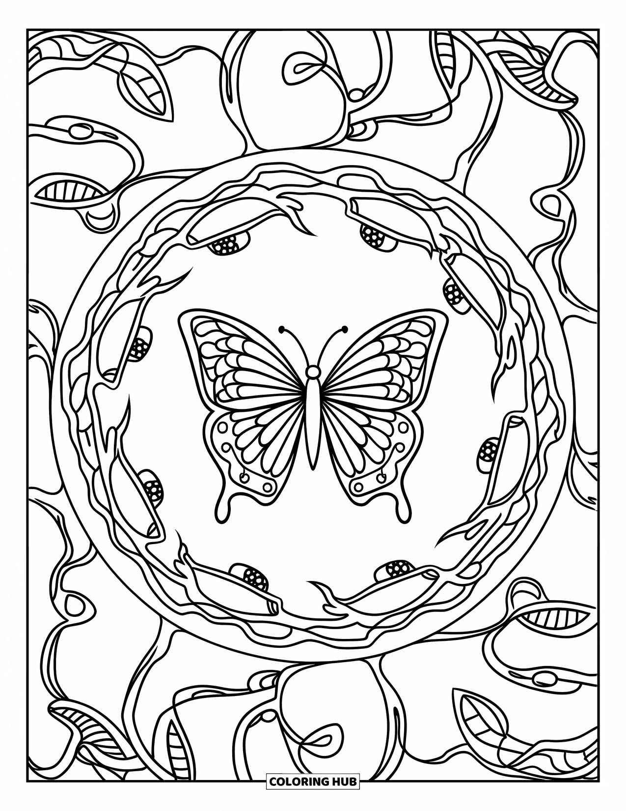 Aesthetic Trippy Coloring Page for Adults: A butterfly centered in a mandala of looping mirrored vines