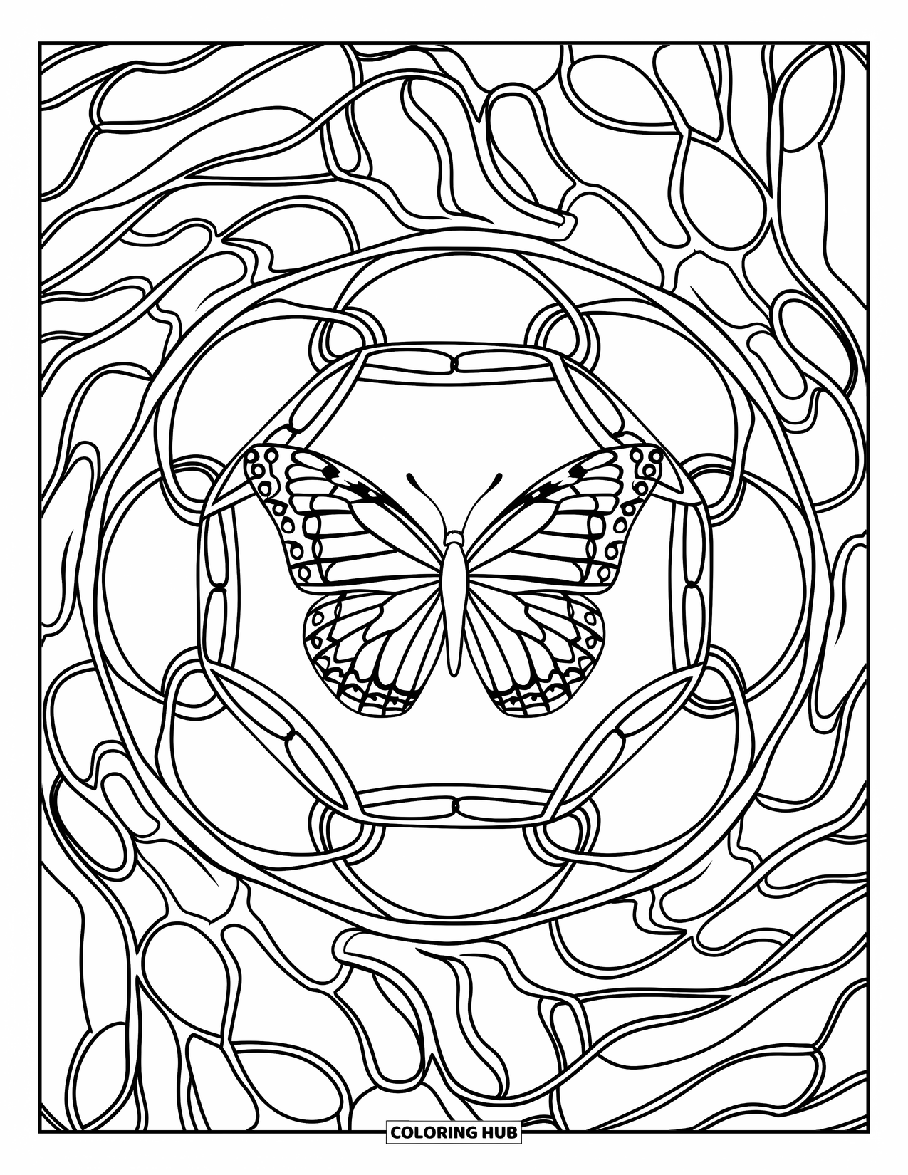 Aesthetic Trippy Coloring Page for Adults: A butterfly rests among swirling mirrored vines and patterns