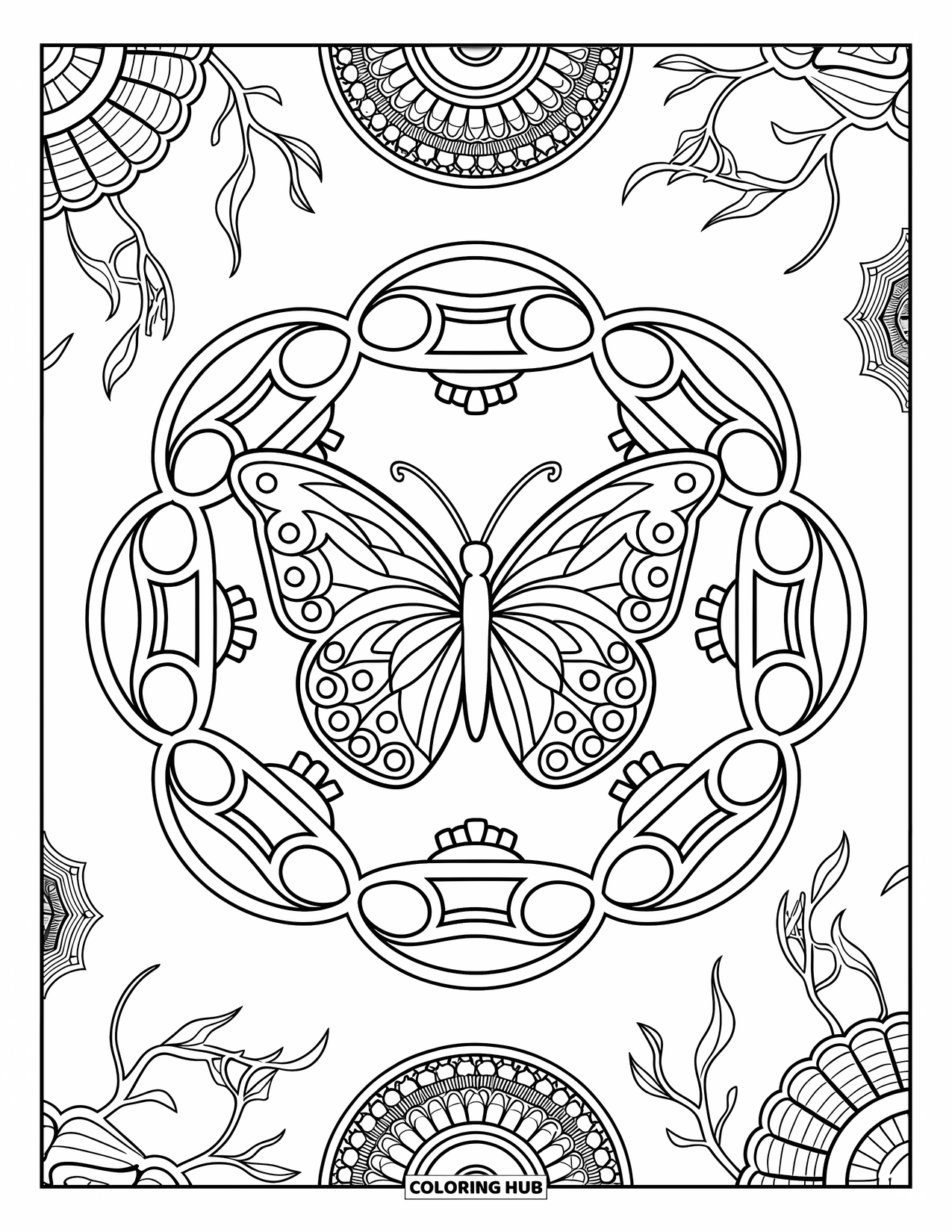 Aesthetic Trippy Coloring Page for Adults: A butterfly surrounded by mirrored vines in a layered mandala