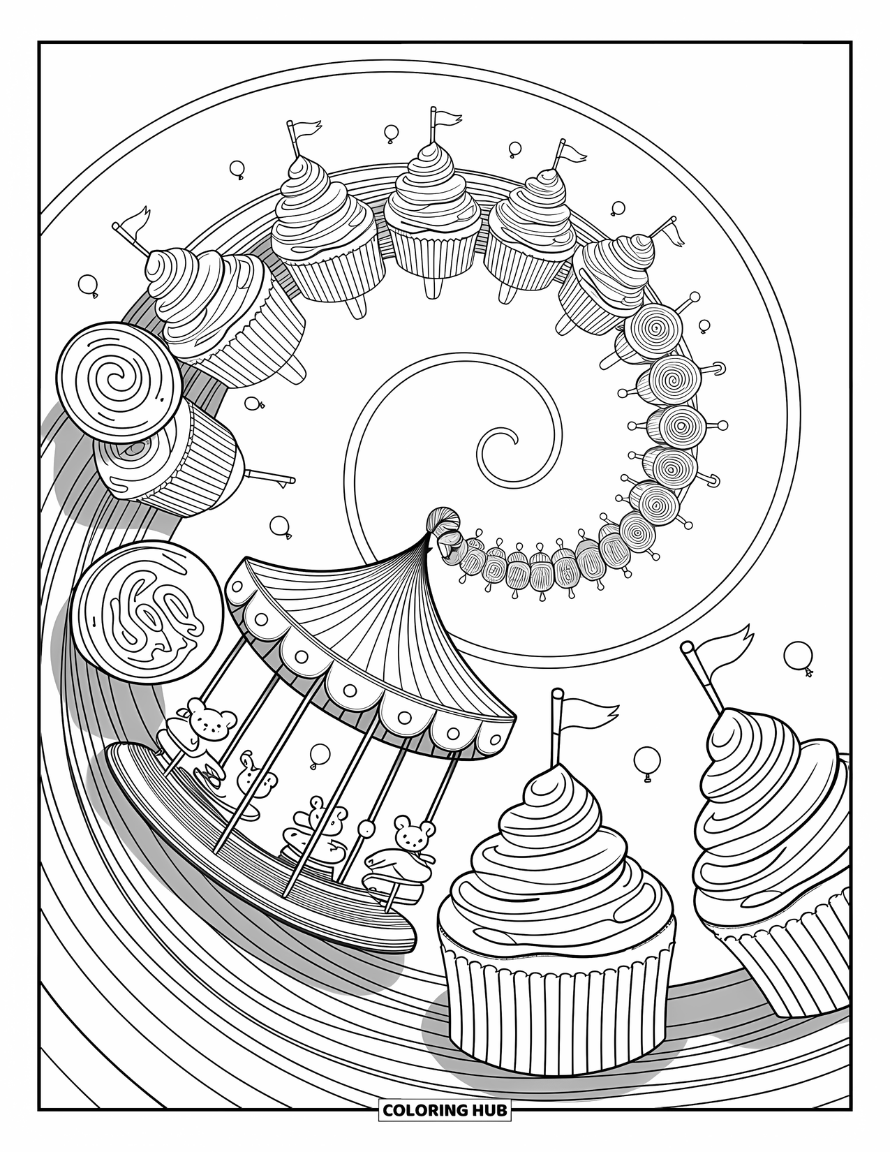 Aesthetic Trippy Coloring Page for Adults: A candy carnival spirals outward with lollipops and cupcake rides