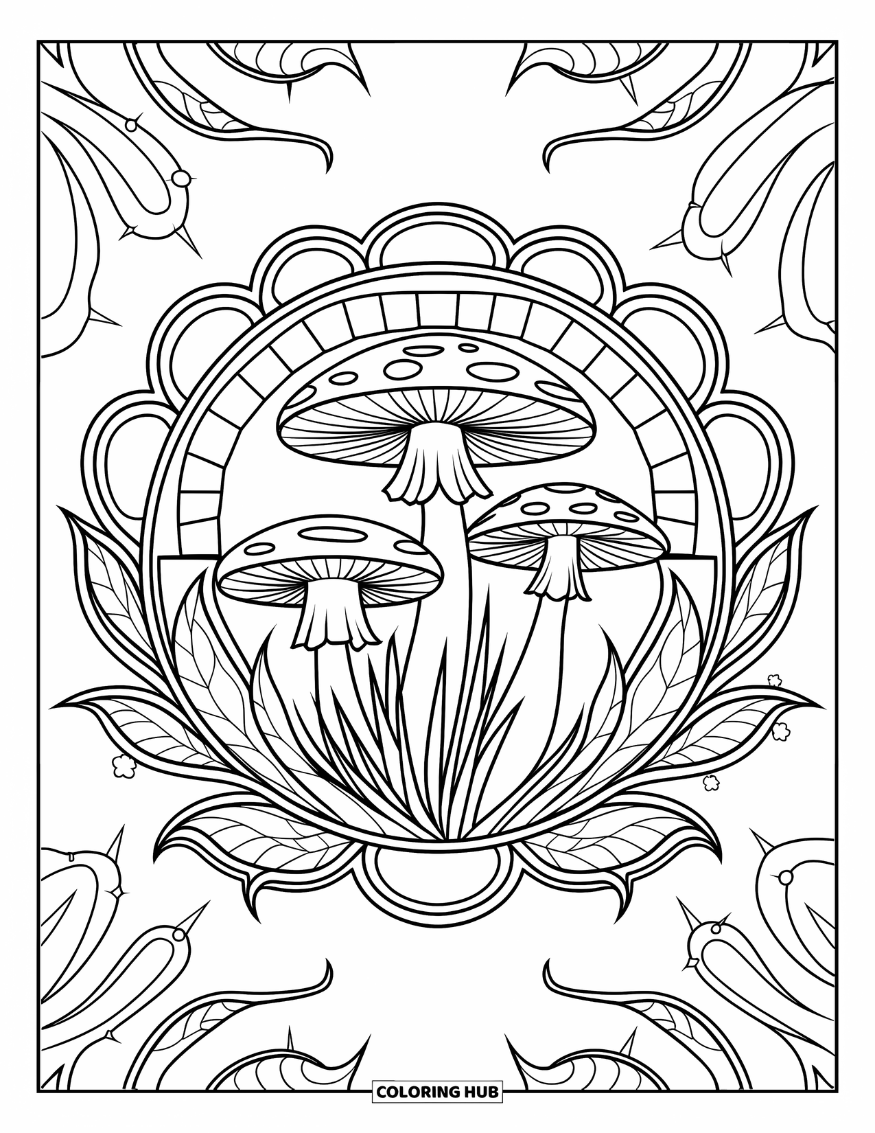 Aesthetic Trippy Coloring Page for Adults: A cluster of mushrooms glows within stained-glass leaf patterns