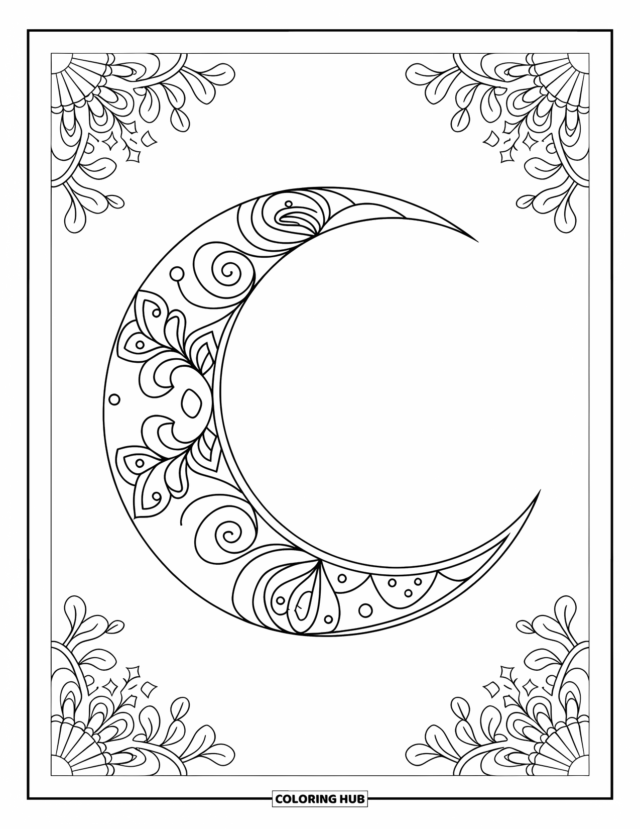 Aesthetic Trippy Coloring Page for Adults: A crescent moon shines through swirling botanical mandala lines