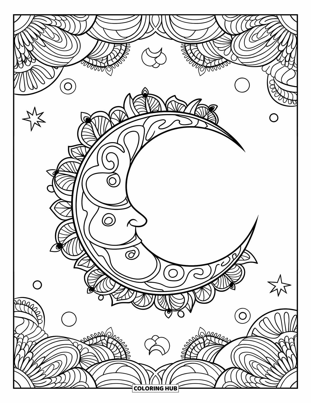 Aesthetic Trippy Coloring Page for Adults: A crescent moon swirls within botanical mandala borders