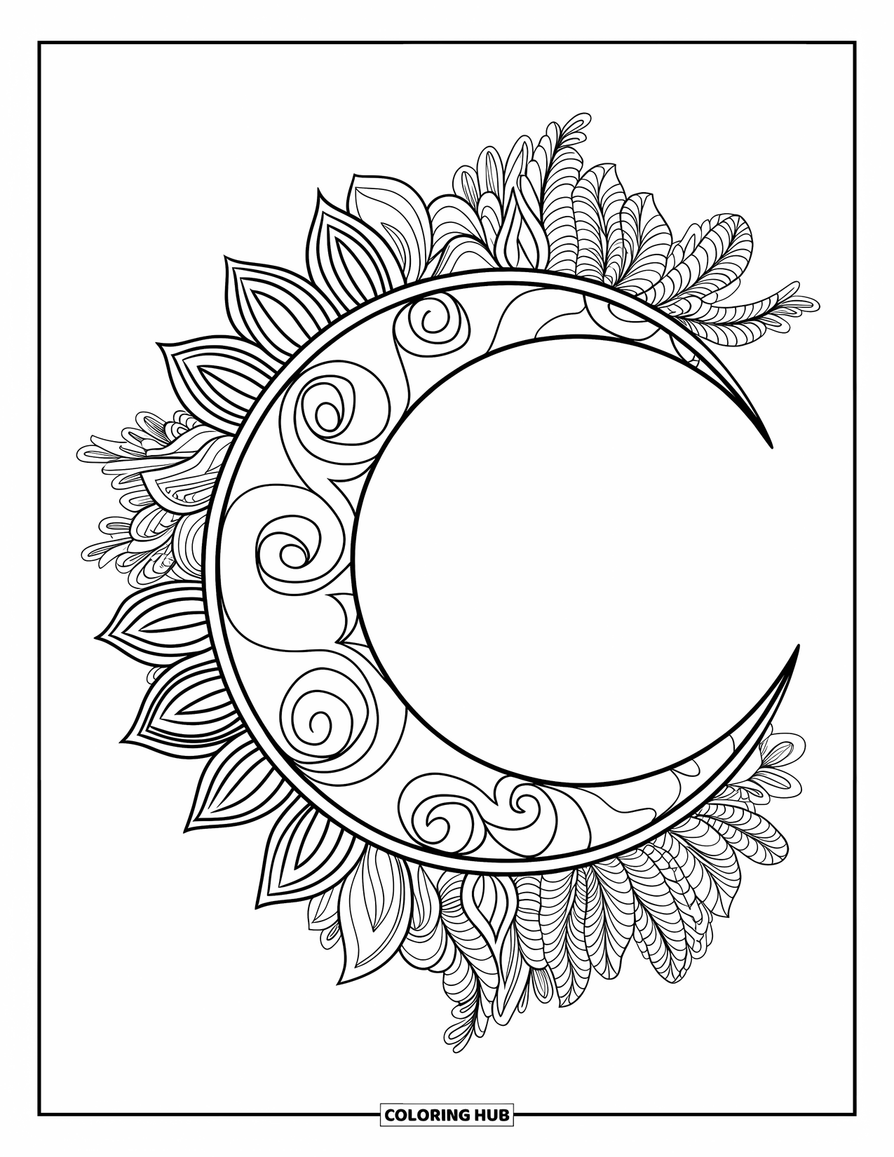 Aesthetic Trippy Coloring Page for Adults: A crescent moon wrapped in swirling designs and mandala blooms