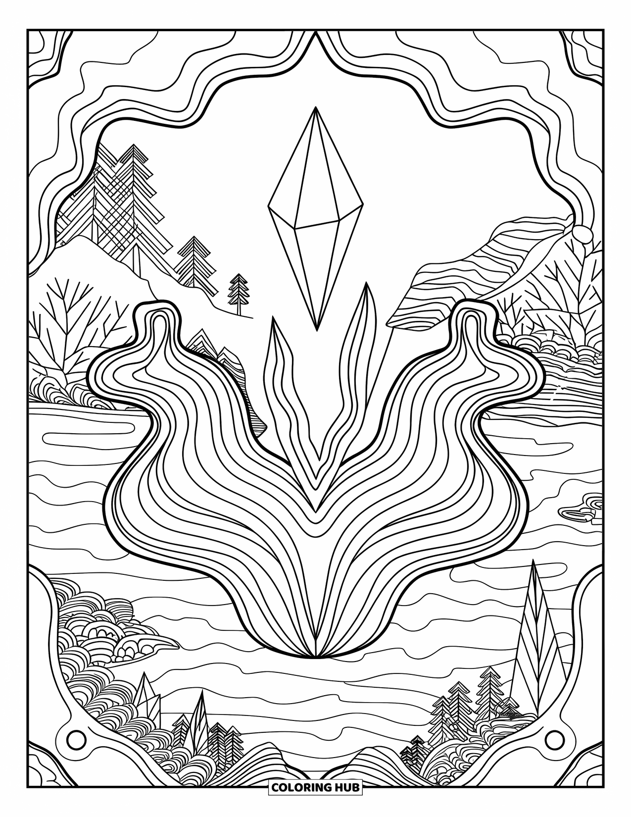 Aesthetic Trippy Coloring Page for Adults: A crystal suspended in spiraling, layered botanical shapes