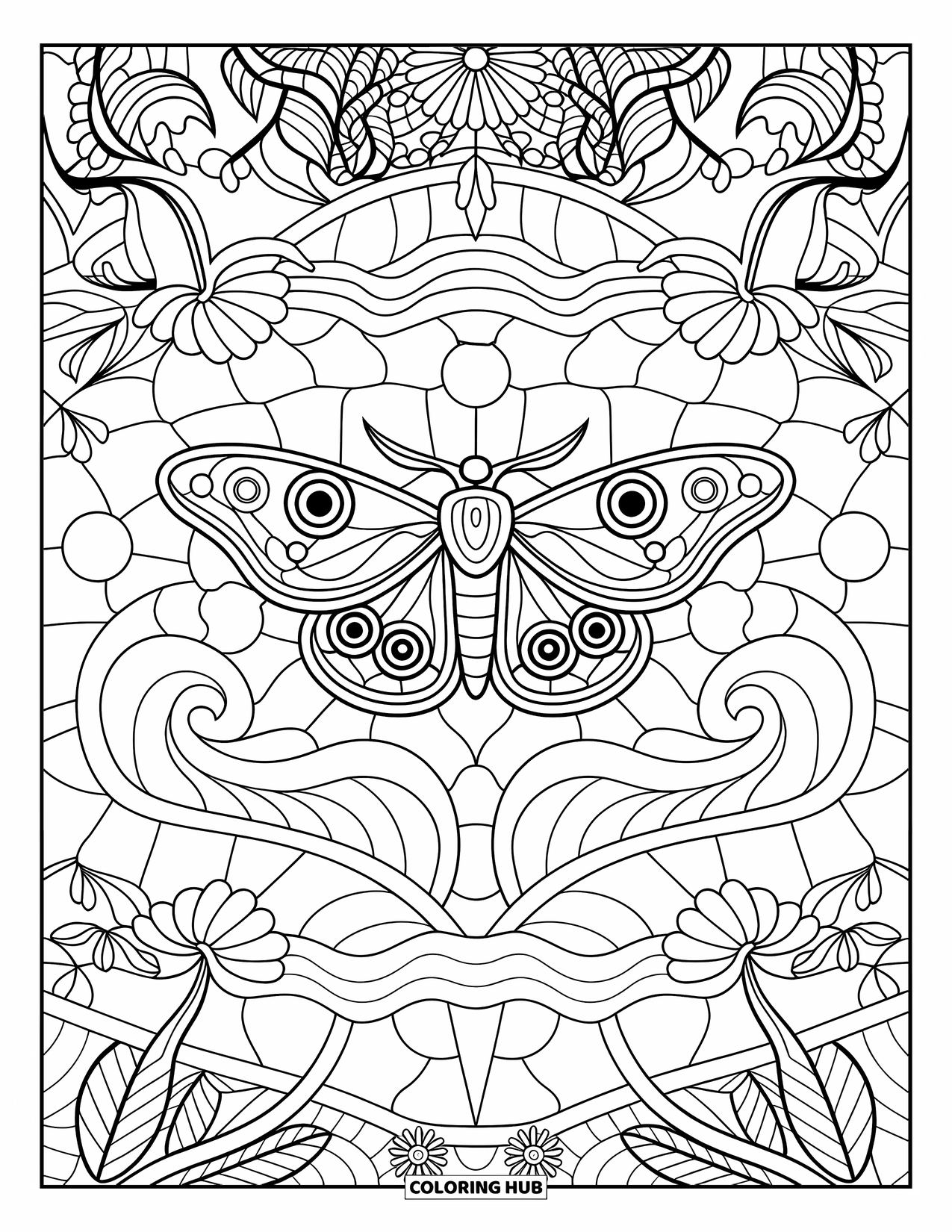 Aesthetic Trippy Coloring Page for Adults: A detailed moth framed by swirling, wave-like glass designs