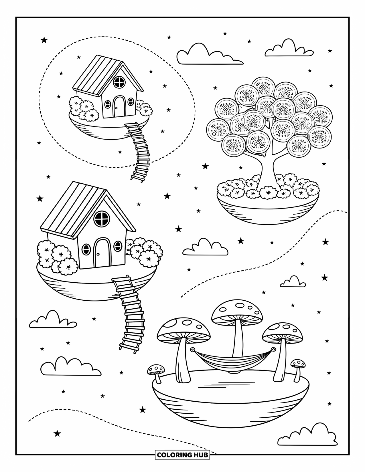 Aesthetic Trippy Coloring Page for Adults: A dreamy sky filled with teacup houses and swirling floating islands