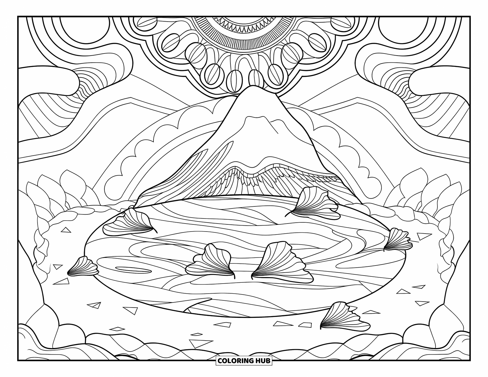 Aesthetic Trippy Coloring Page for Adults: A floating mountain hovers above a glassy, petal-framed lake