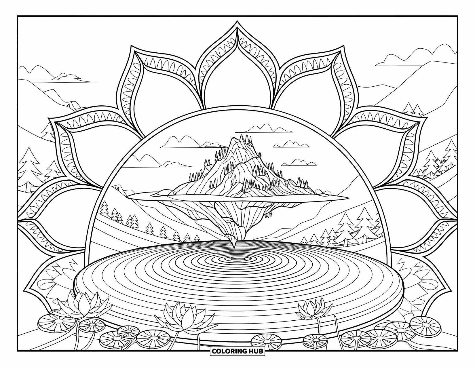 Aesthetic Trippy Coloring Page for Adults: A floating mountain rises over a lake of petals and trees