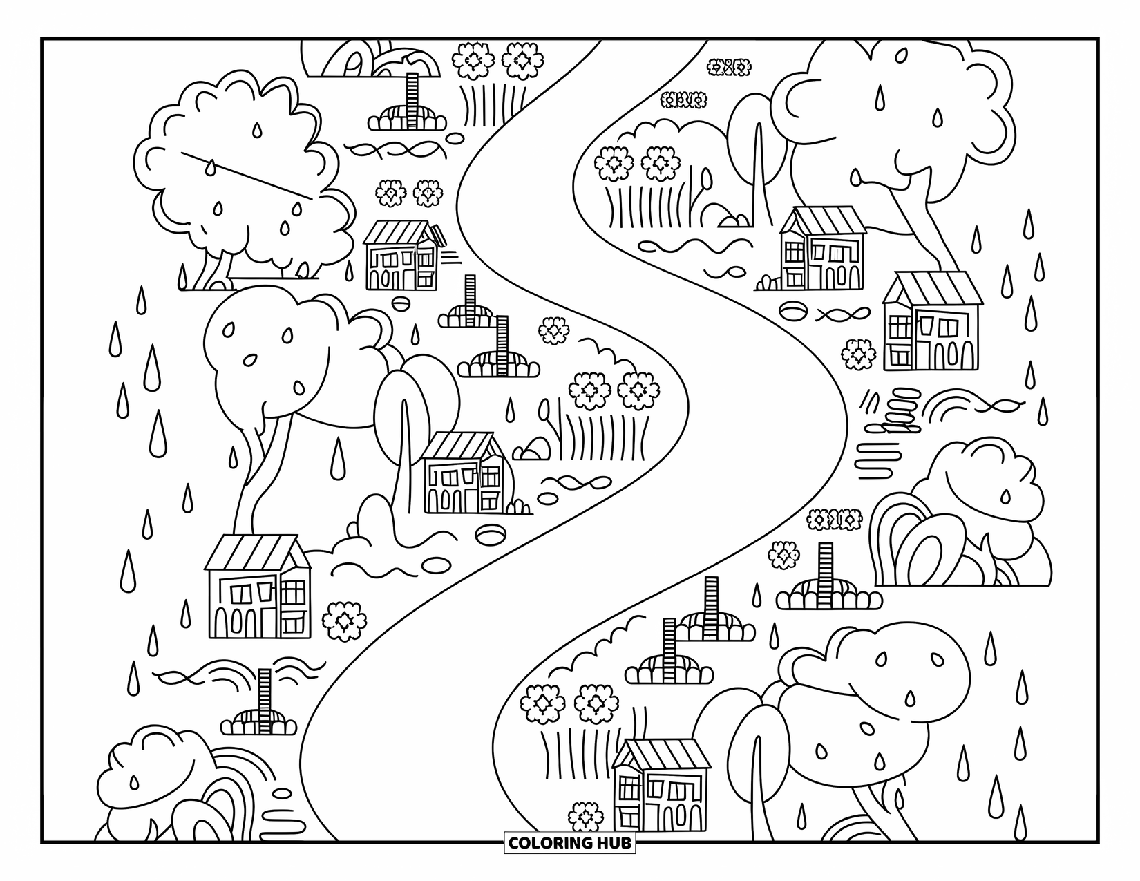 Aesthetic Trippy Coloring Page for Adults: A gentle river winds through mirrored banks of trees and cottages