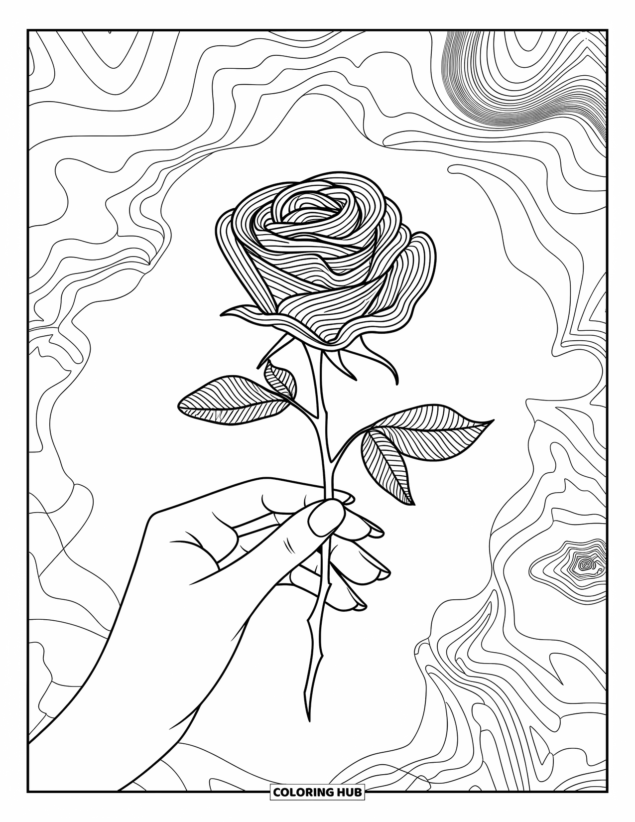 Aesthetic Trippy Coloring Page for Adults: A hand holds a rose whose petals spiral into trippy lines
