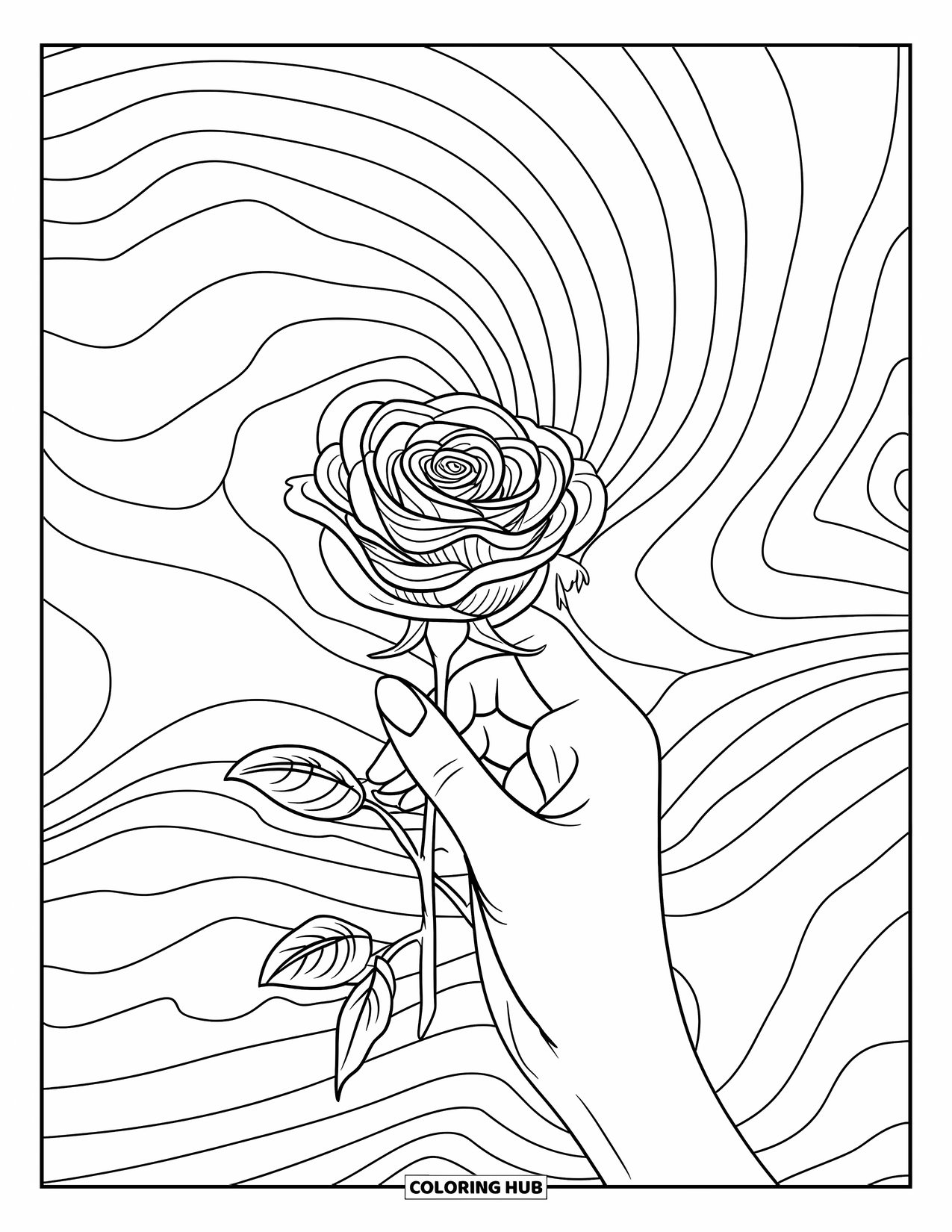 Aesthetic Trippy Coloring Page for Adults: A hand lifts a rose that melts into swirling spiral shapes