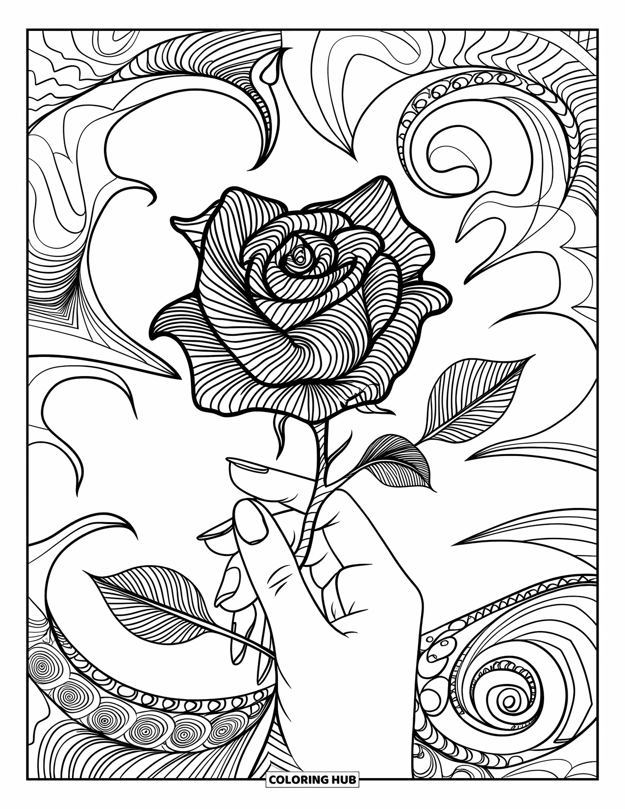 Aesthetic Trippy Coloring Page for Adults: A hand offers a rose transforming into looping trippy spirals