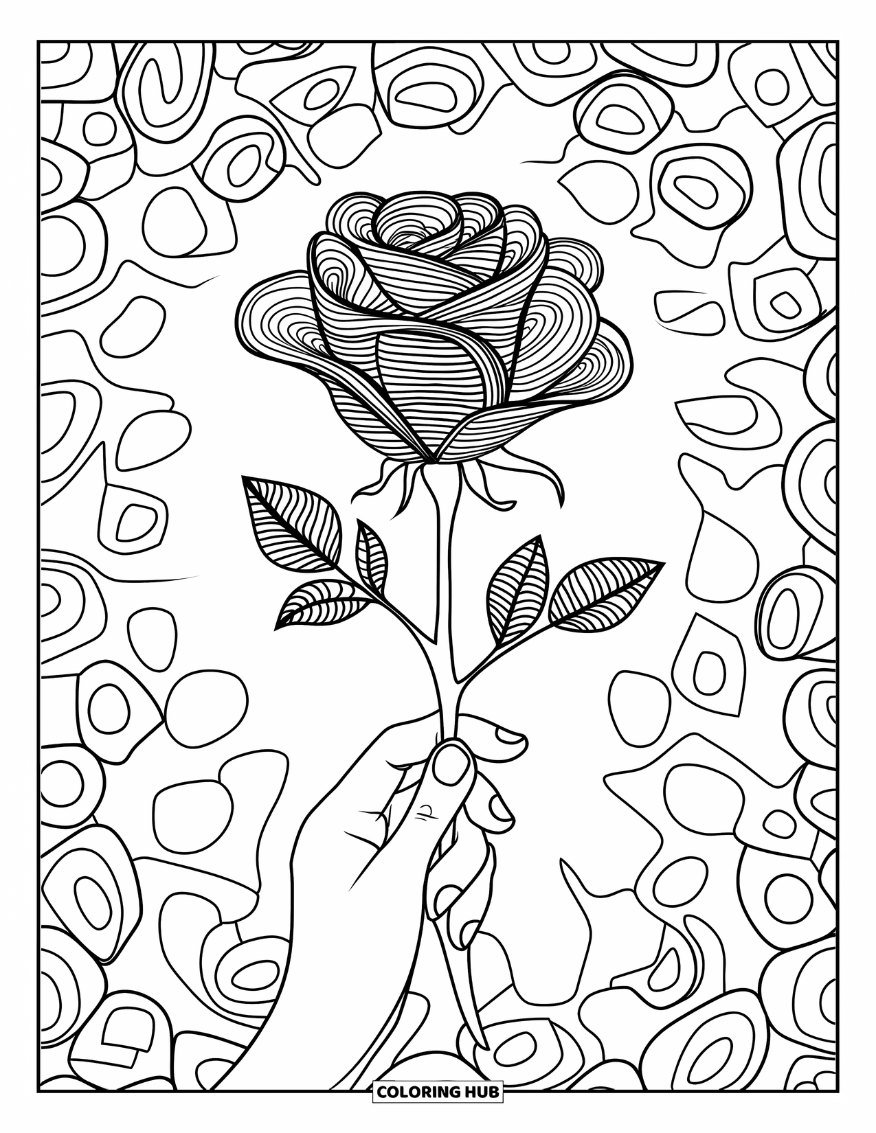 Aesthetic Trippy Coloring Page for Adults: A rose blooms from a hand, its petals twisting into spirals