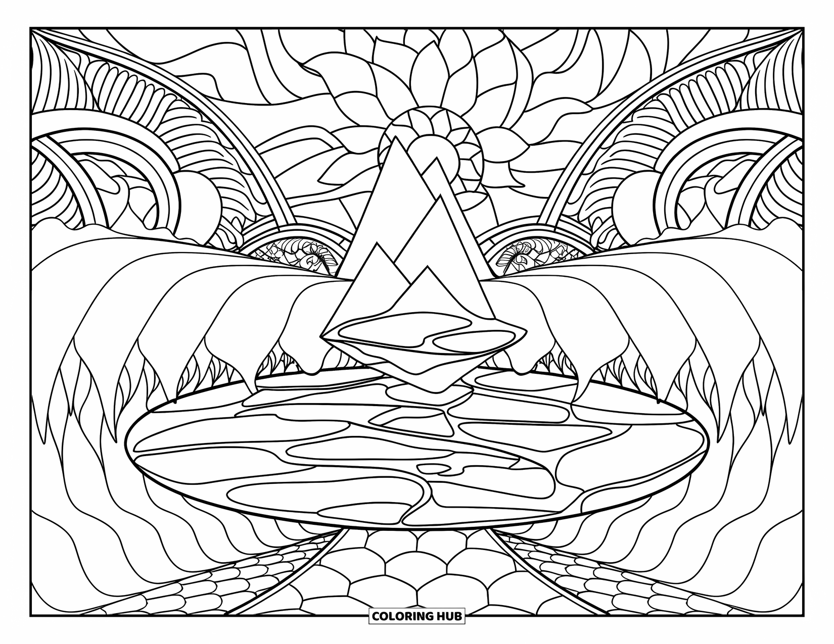 Aesthetic Trippy Coloring Page for Adults: A serene floating mountain reflects over a trippy glass lake