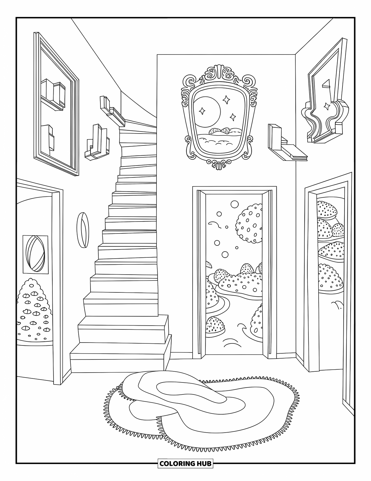 Aesthetic Trippy Coloring Page for Adults: A surreal room of curling rugs, flying books, and glowing mirrors