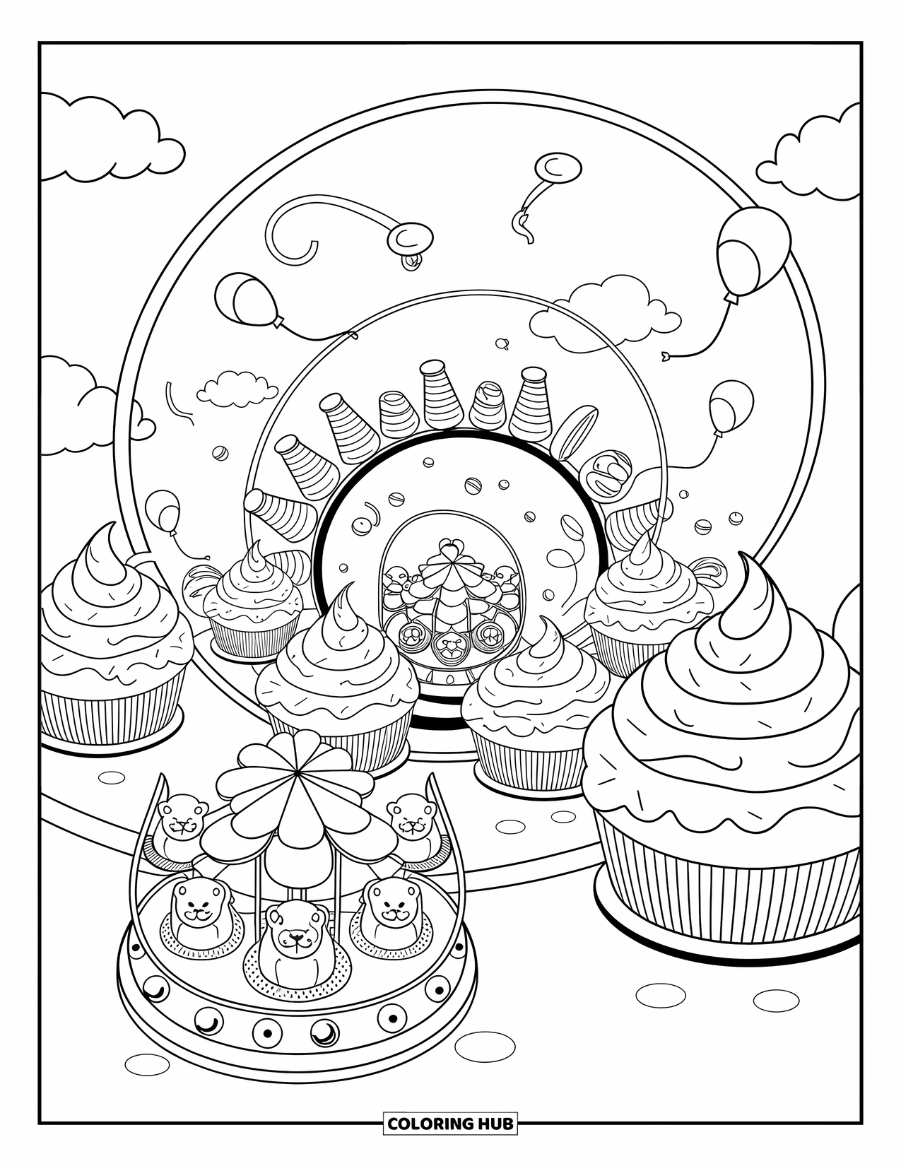 Aesthetic Trippy Coloring Page for Adults: A swirling candy carnival filled with lollipops, tents, and tiny balloons