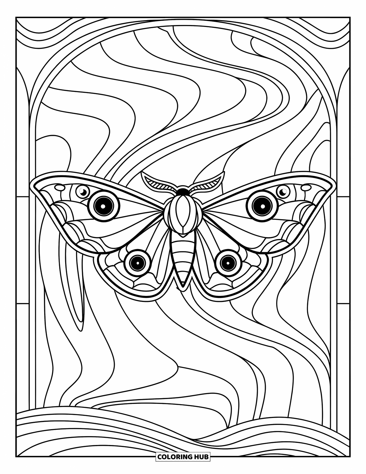 Aesthetic Trippy Coloring Page for Adults: A trippy moth surrounded by wavy stained-glass patterns