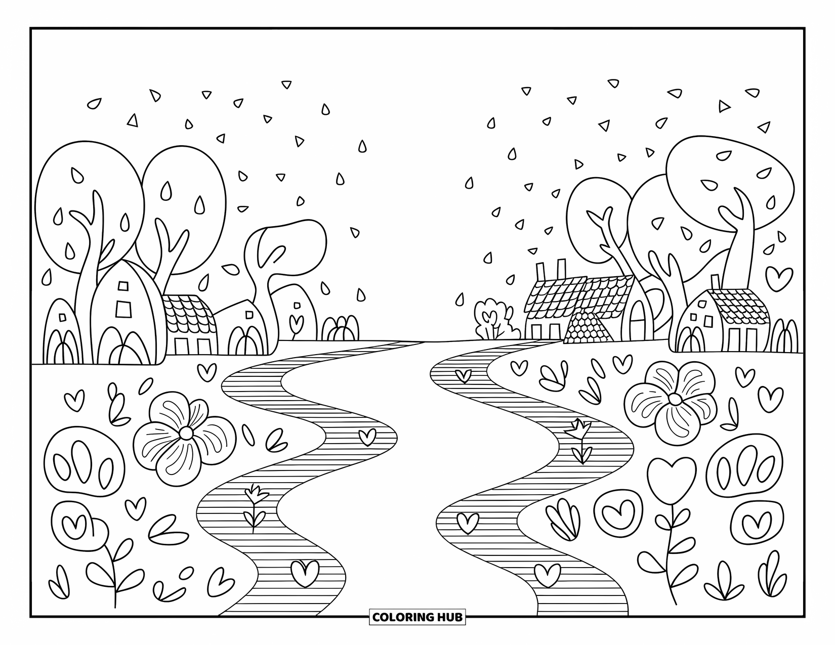Aesthetic Trippy Coloring Page for Adults: A winding river flows between soft trees and heart-shaped rocks