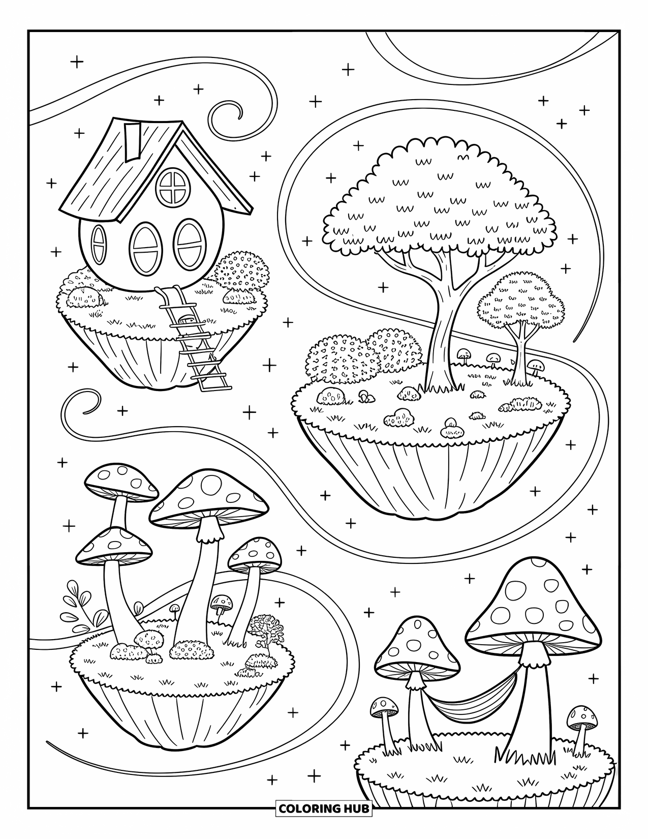Aesthetic Trippy Coloring Page for Adults: Floating islands with spiral trees and cloud-shaped gardens drift in space