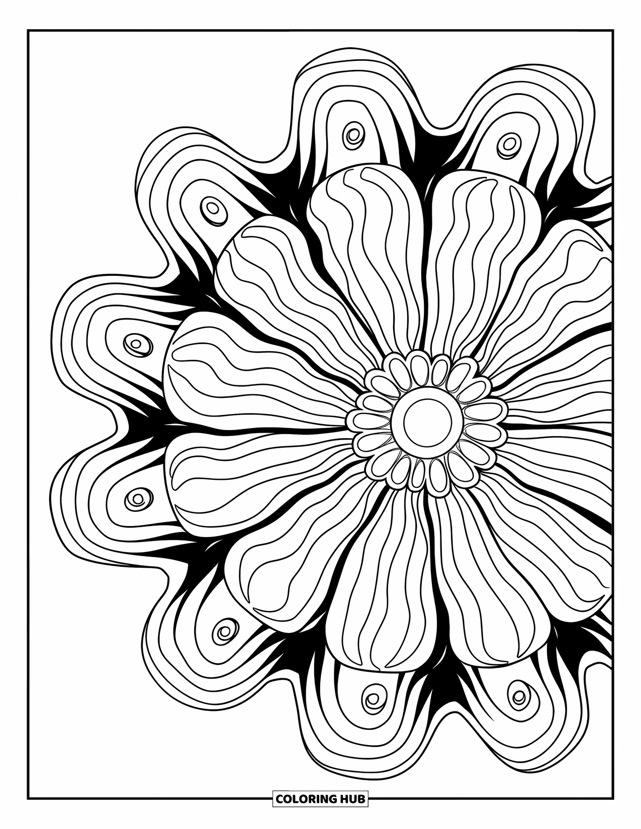 Aesthetic Trippy Coloring Page for Kids: A big flower blooms with swirling petals and round shapes