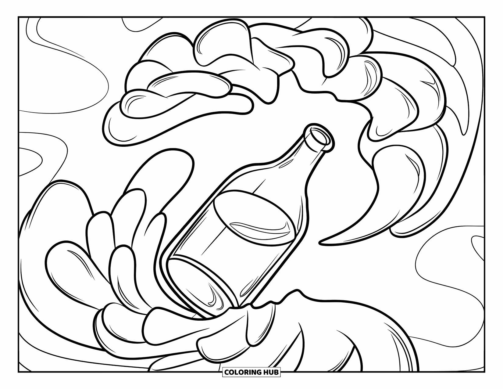 Aesthetic Trippy Coloring Page for Kids: A bottle drifts through swirling smoke curls and abstract waves