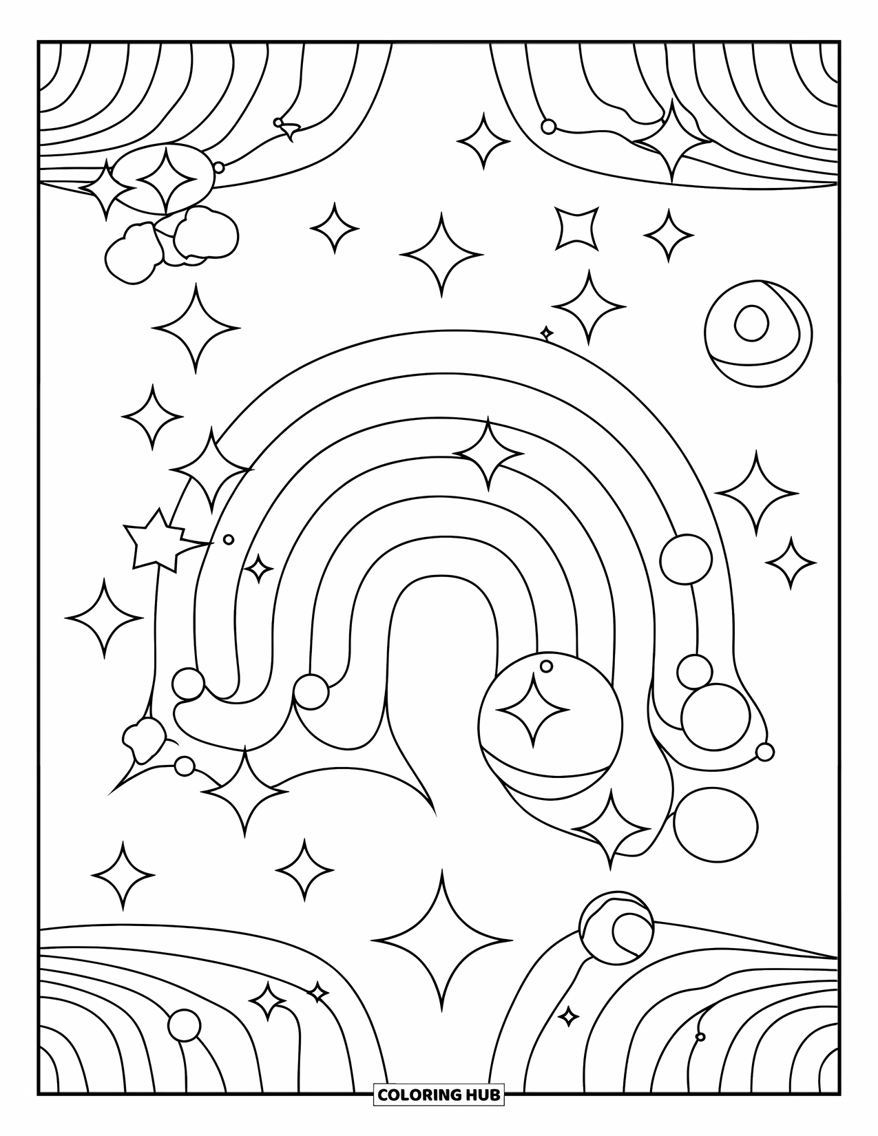 Aesthetic Trippy Coloring Page for Kids: A bright rainbow arches above floating stars and bubbles