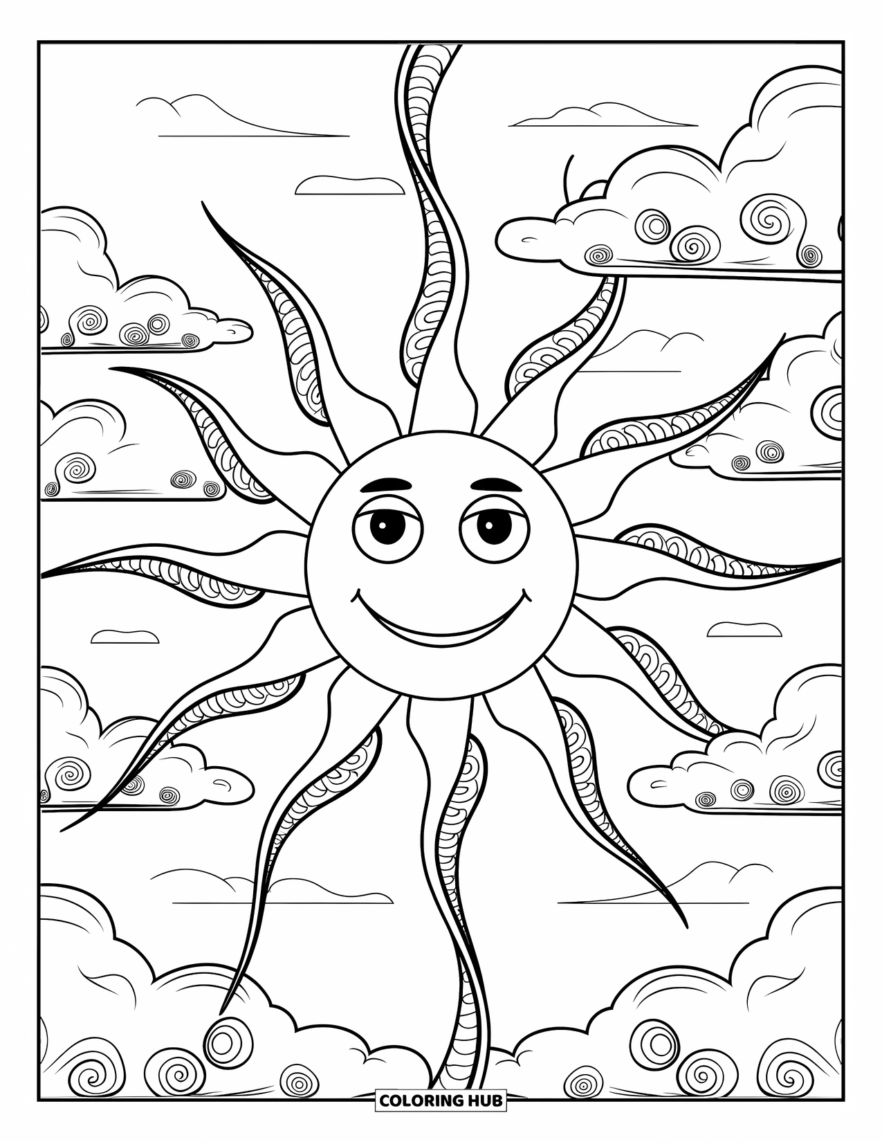 Aesthetic Trippy Coloring Page for Kids: A bright sun grins through trippy spiral rays and soft clouds