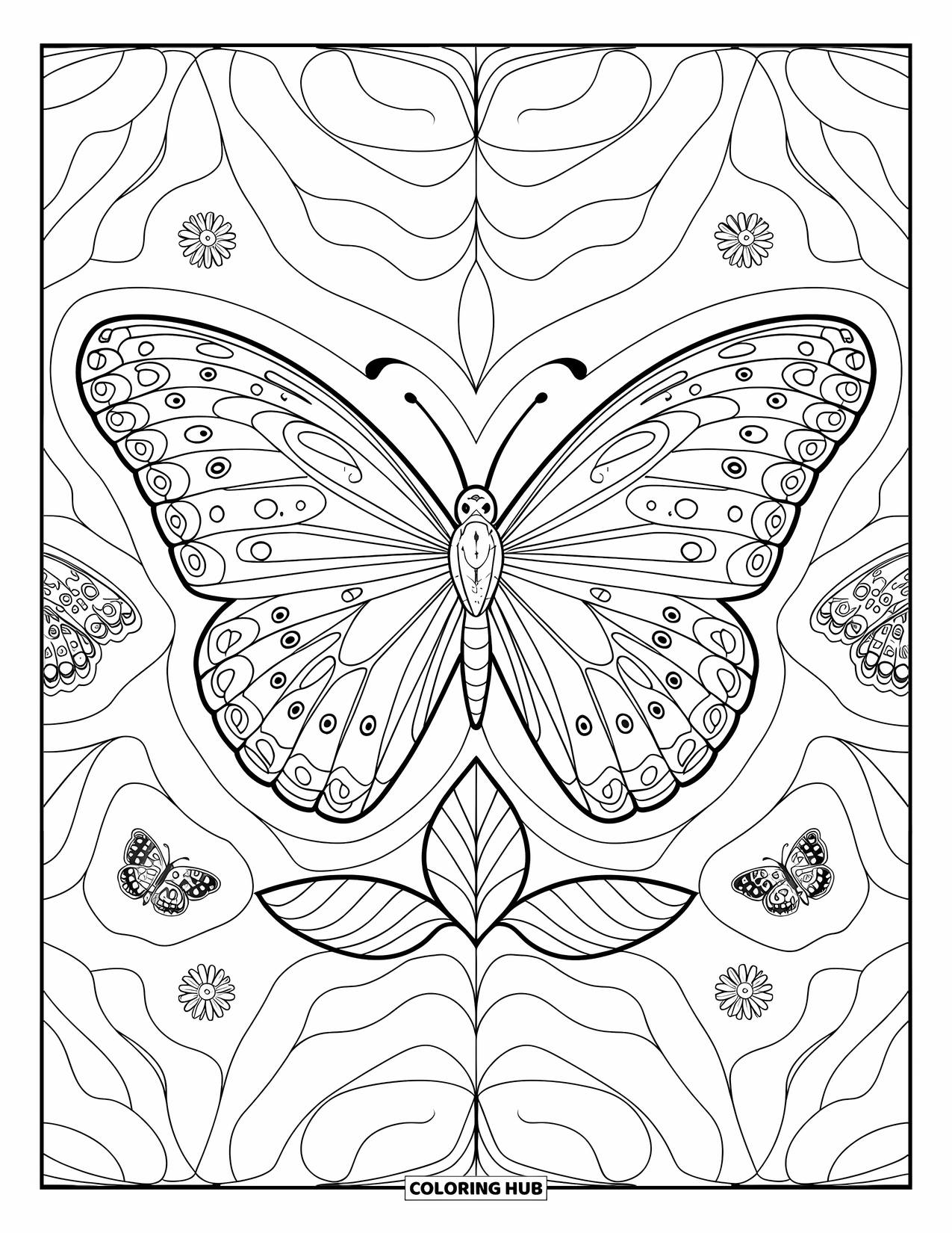 Aesthetic Trippy Coloring Page for Kids: A butterfly rests on a leaf among mirrored patterns
