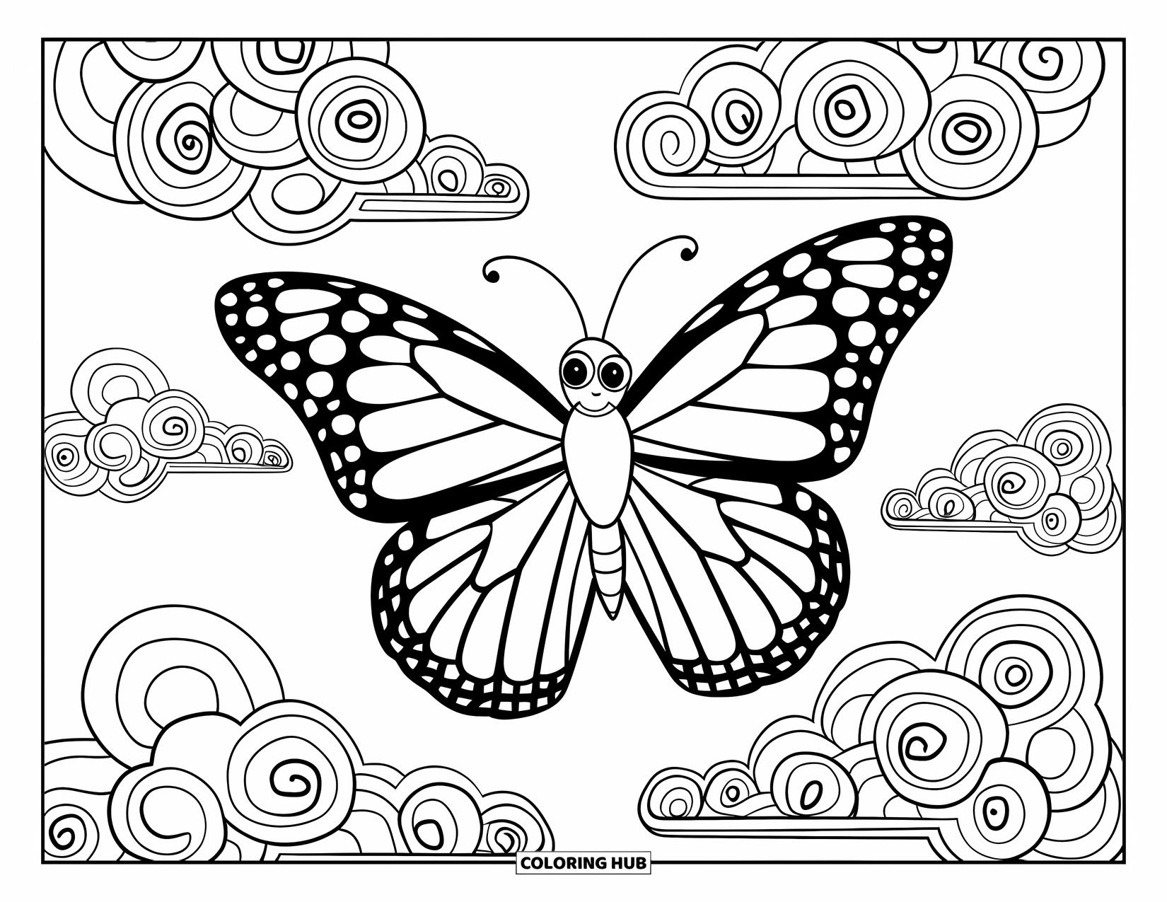 Aesthetic Trippy Coloring Page for Kids: A butterfly smiles as it flies through trippy swirling clouds