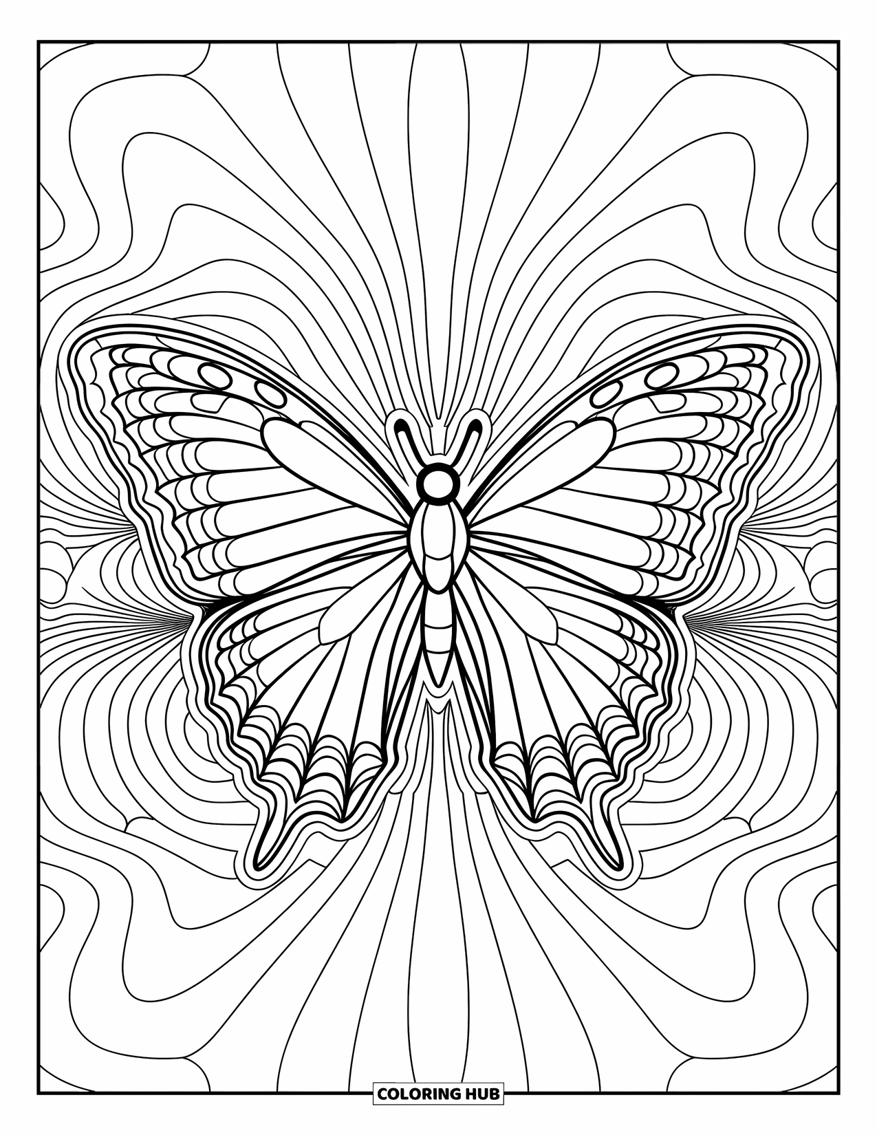 Aesthetic Trippy Coloring Page for Kids: A butterfly spreads detailed wings within mirrored trippy shapes