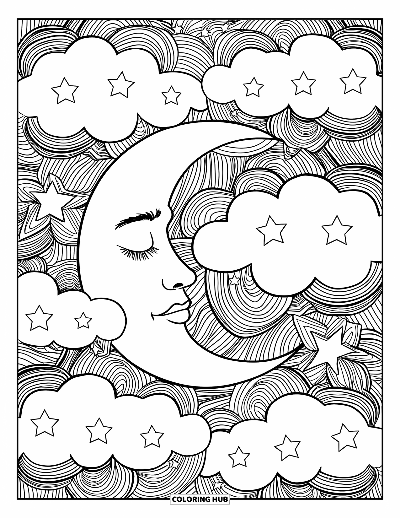 Aesthetic Trippy Coloring Page for Kids: A calm moon sleeps behind trippy clouds and starry skies