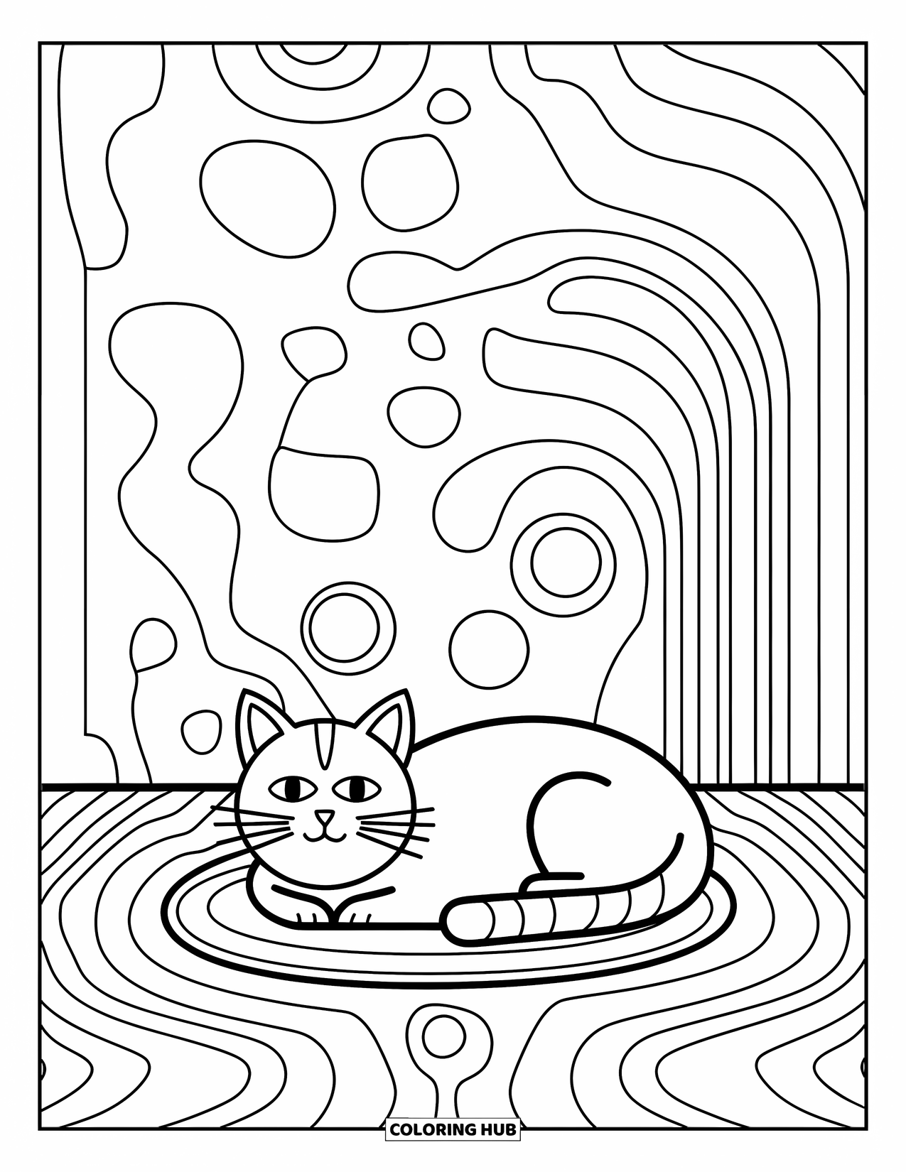 Aesthetic Trippy Coloring Page for Kids: A cat naps on a rug with curved lines and bubbles
