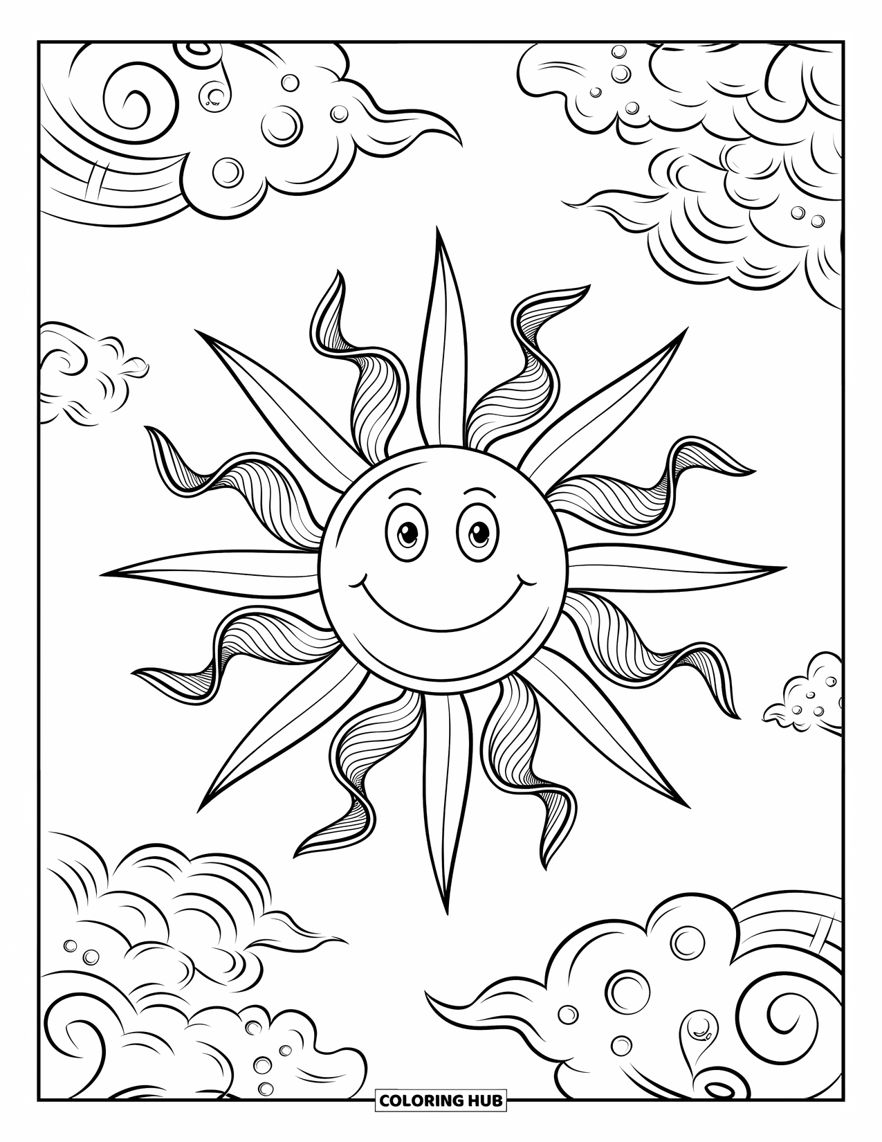 Aesthetic Trippy Coloring Page for Kids: A cheerful sun with spiral beams floats above bubbly clouds