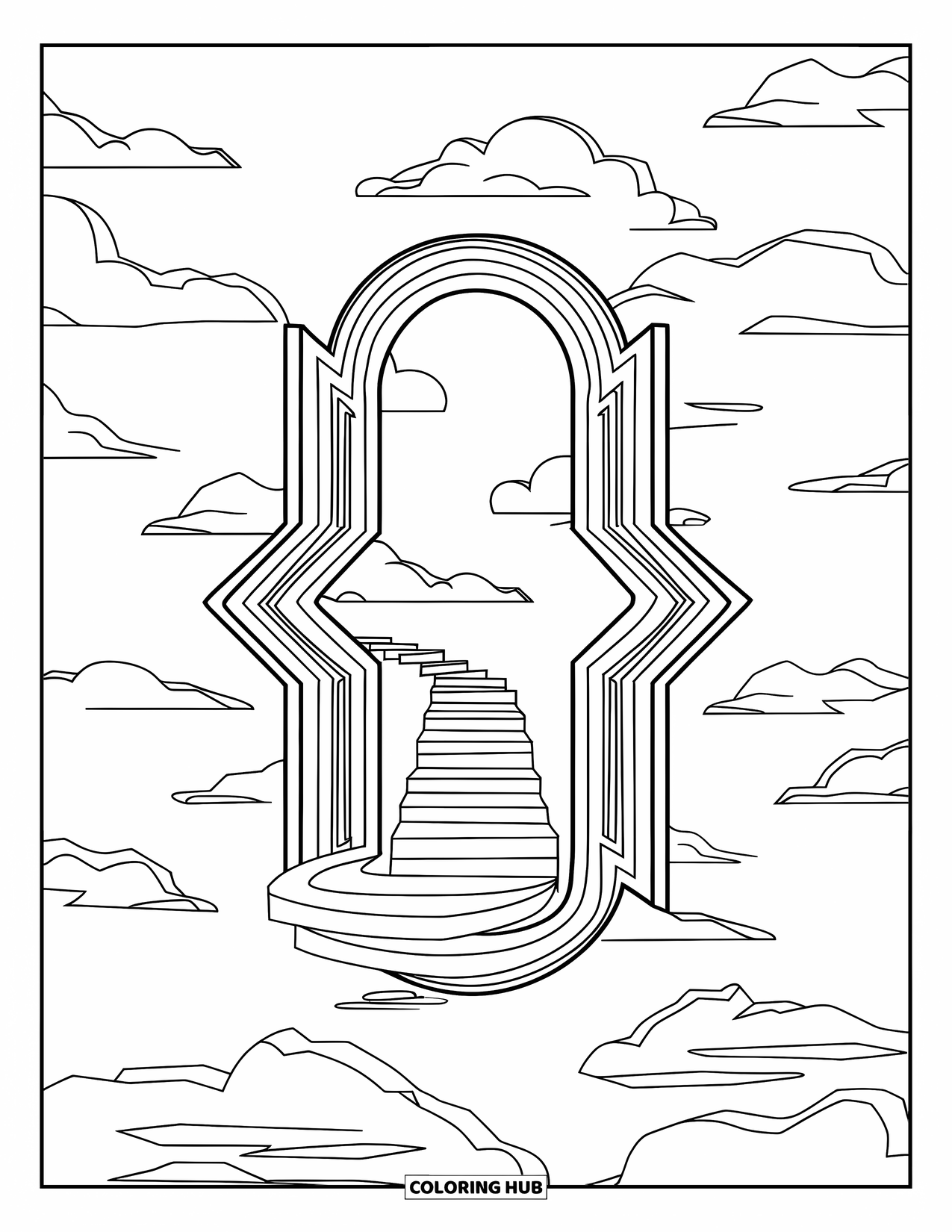 Aesthetic Trippy Coloring Page for Kids: A circular portal floats within zigzag and wavy borders