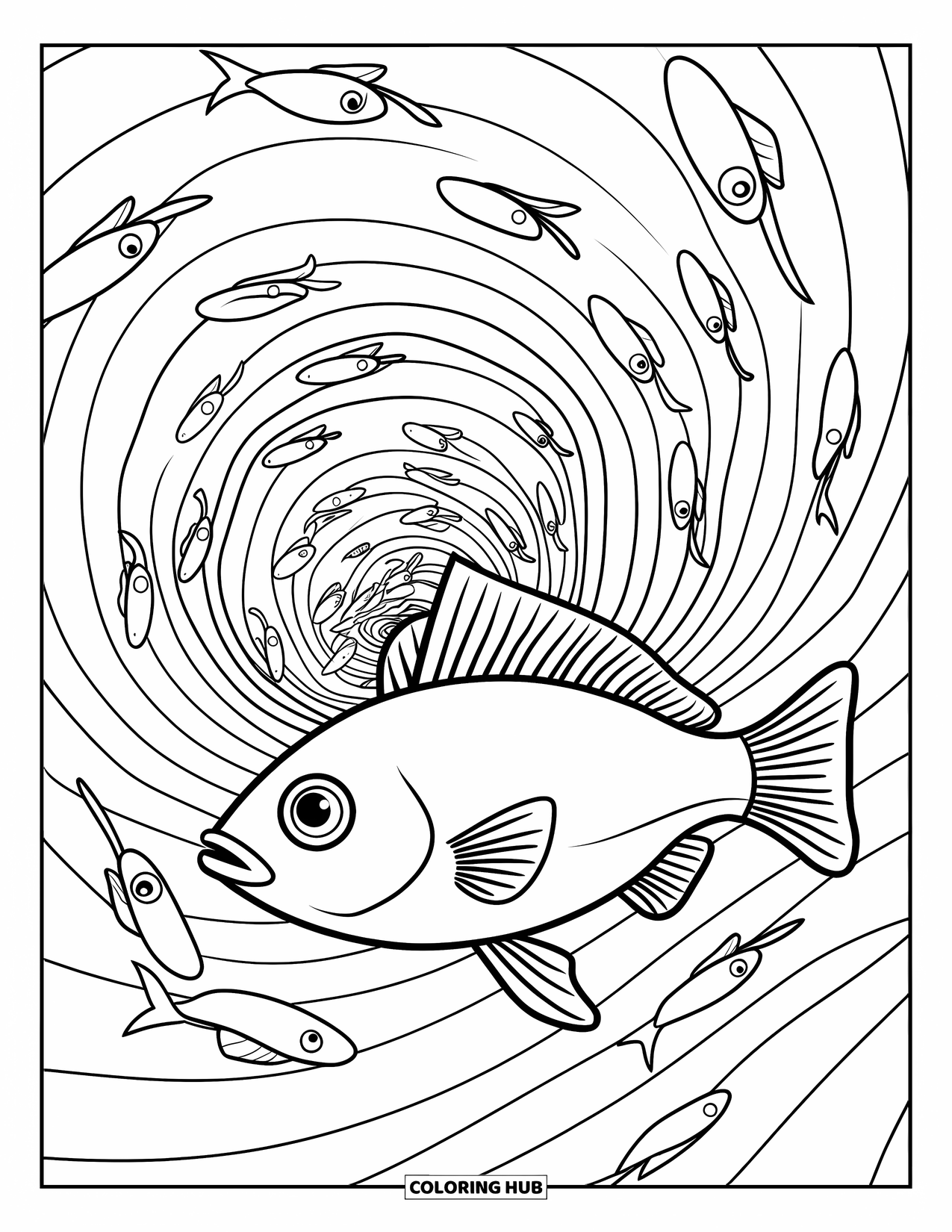 Aesthetic Trippy Coloring Page for Kids: A fish glides through twisting, swirling wave tunnels
