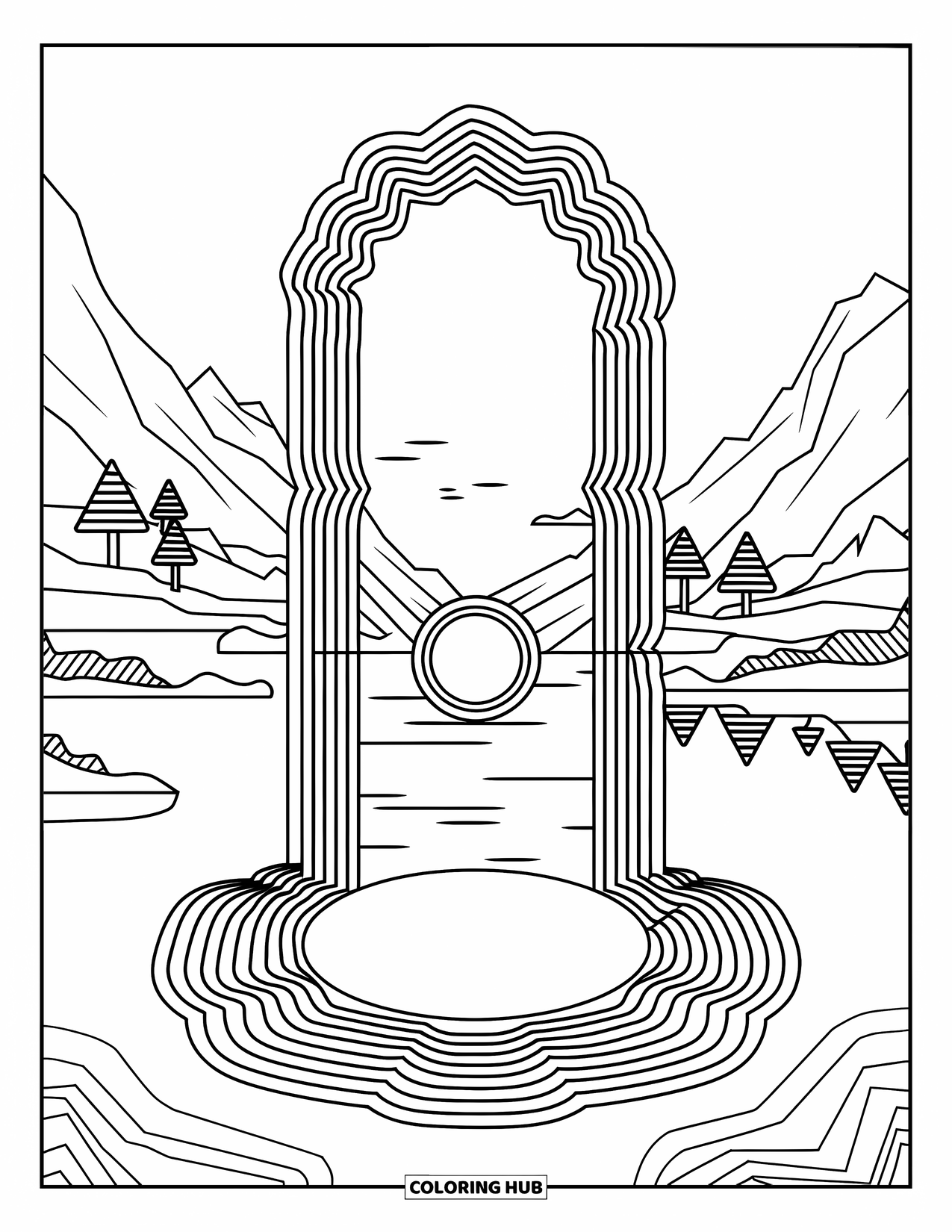 Aesthetic Trippy Coloring Page for Kids: A floating portal opens amid swirling zigzag patterns