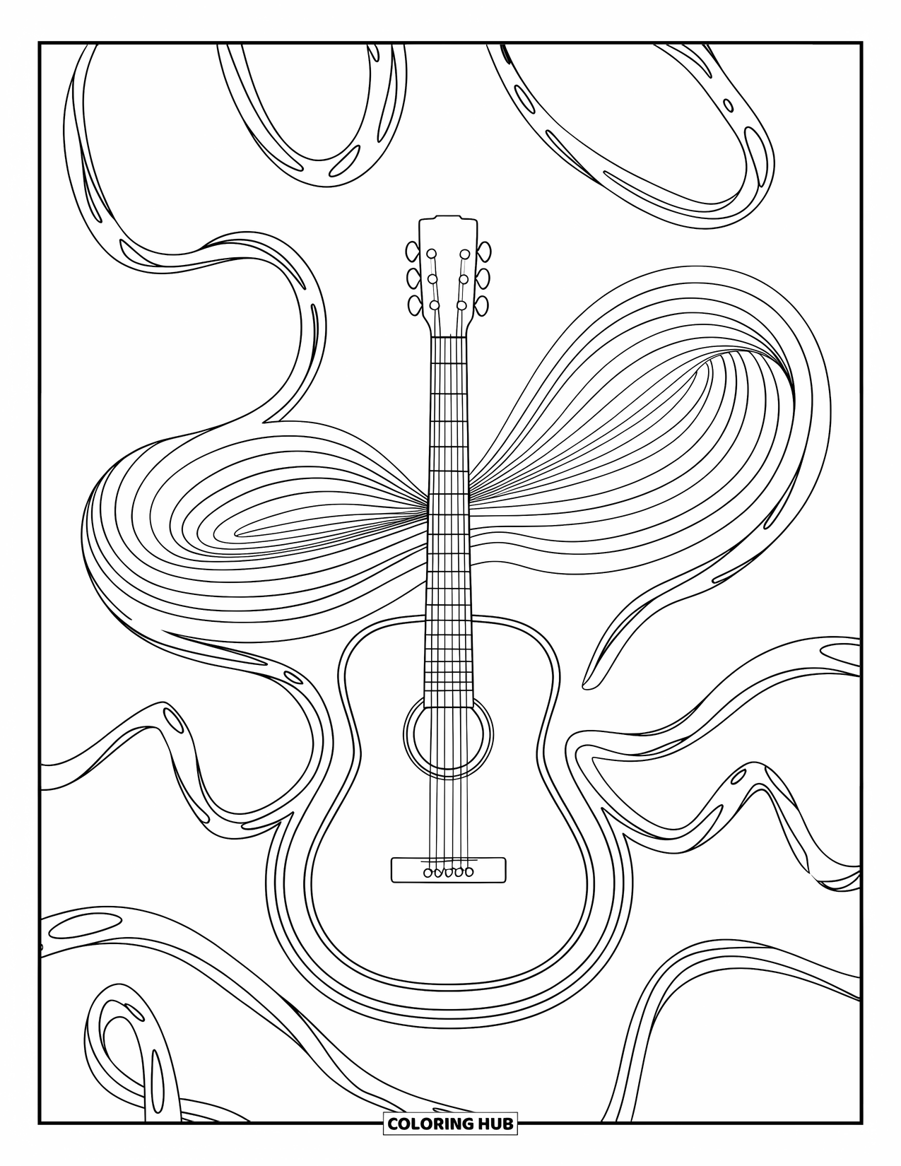 Aesthetic Trippy Coloring Page for Kids: A guitar floats within circular waves and curling vines