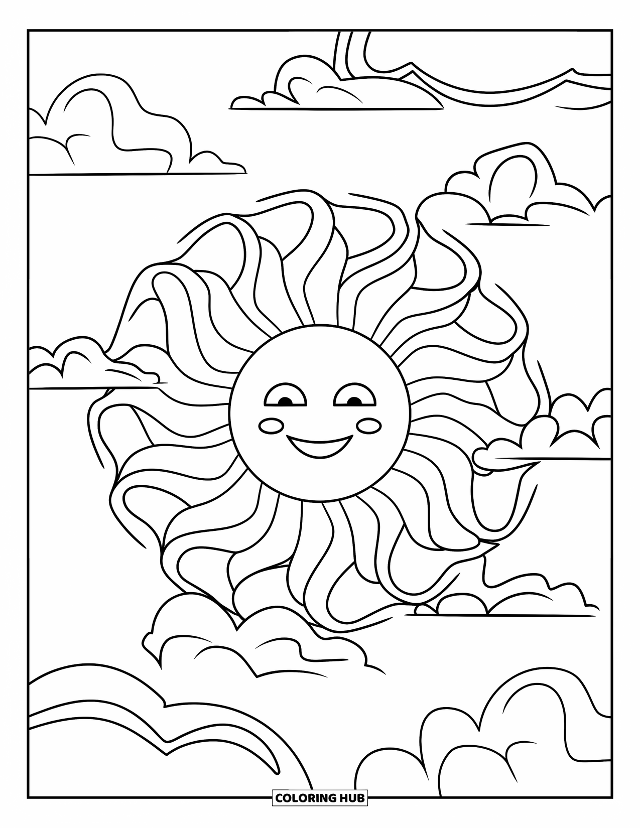 Aesthetic Trippy Coloring Page for Kids: A happy sun beams with spiral rays and bubbly clouds