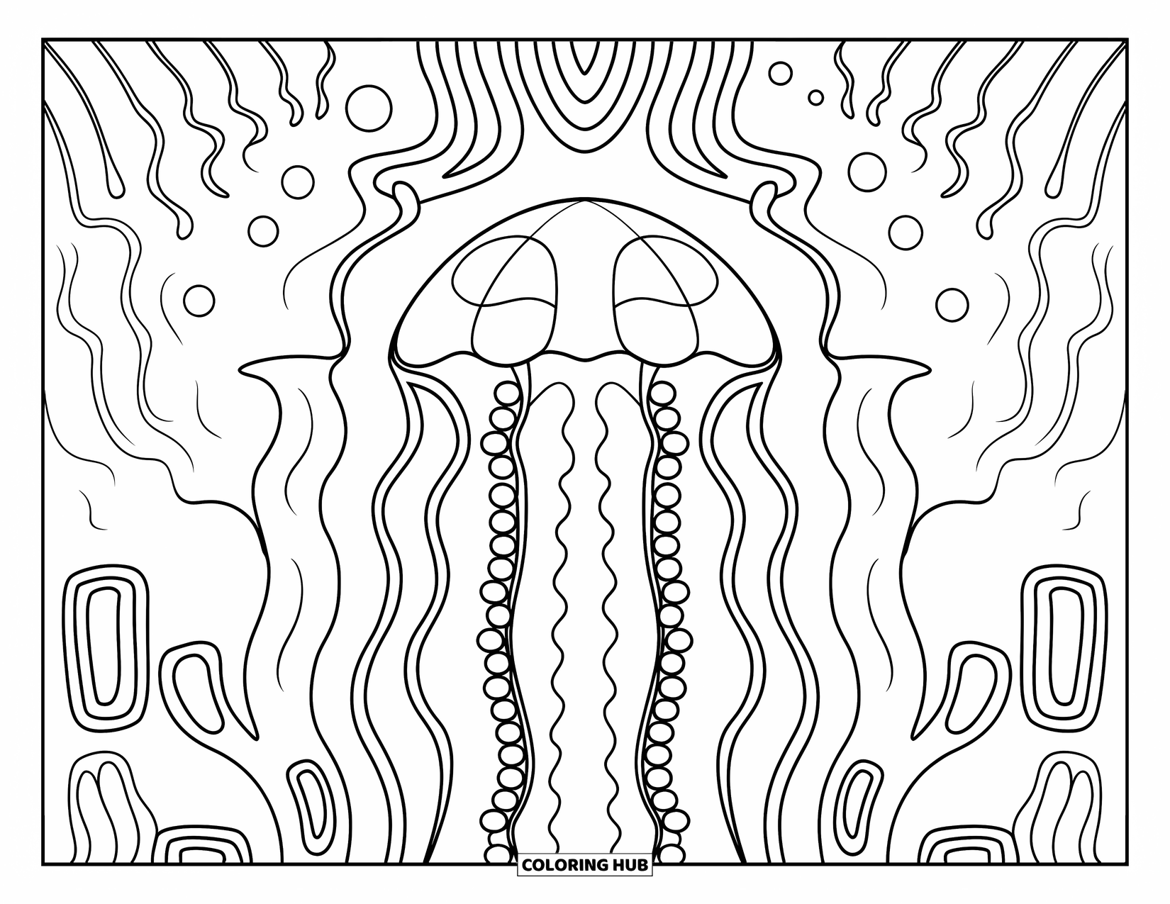 Aesthetic Trippy Coloring Page for Kids: A jellyfish floats among coral swirls and dreamy loops