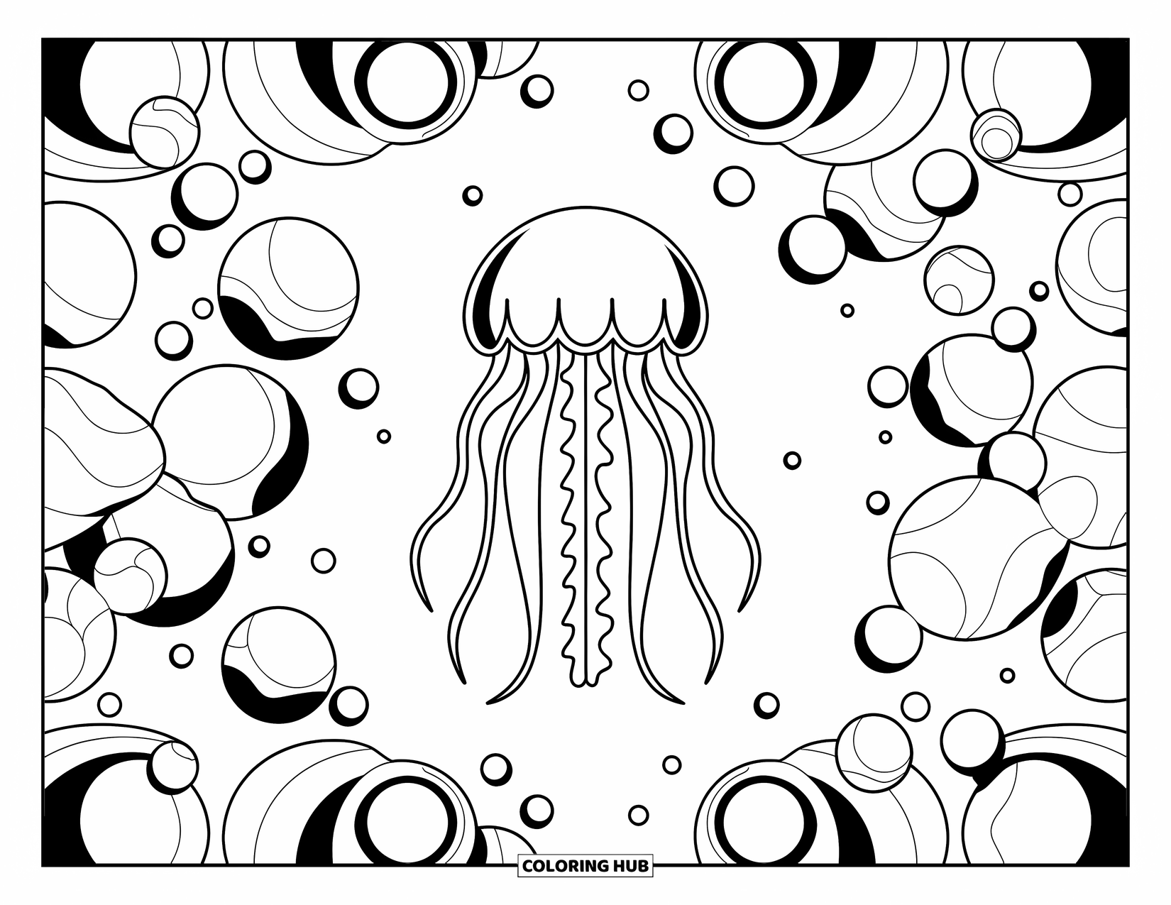 Aesthetic Trippy Coloring Page for Kids: A jellyfish glides among bubbles reflecting its trippy shape
