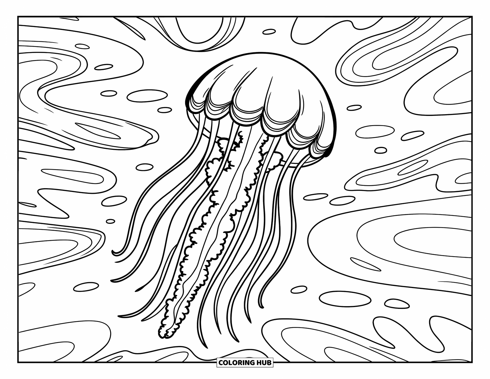 Aesthetic Trippy Coloring Page for Kids: A jellyfish glides through swirling water and floating bubbles
