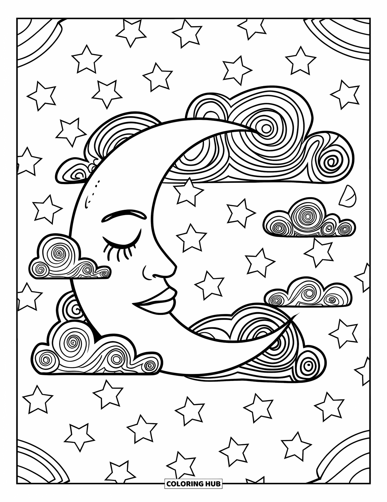 Aesthetic Trippy Coloring Page for Kids: A moon with closed eyes floats amid spiral clouds and stars