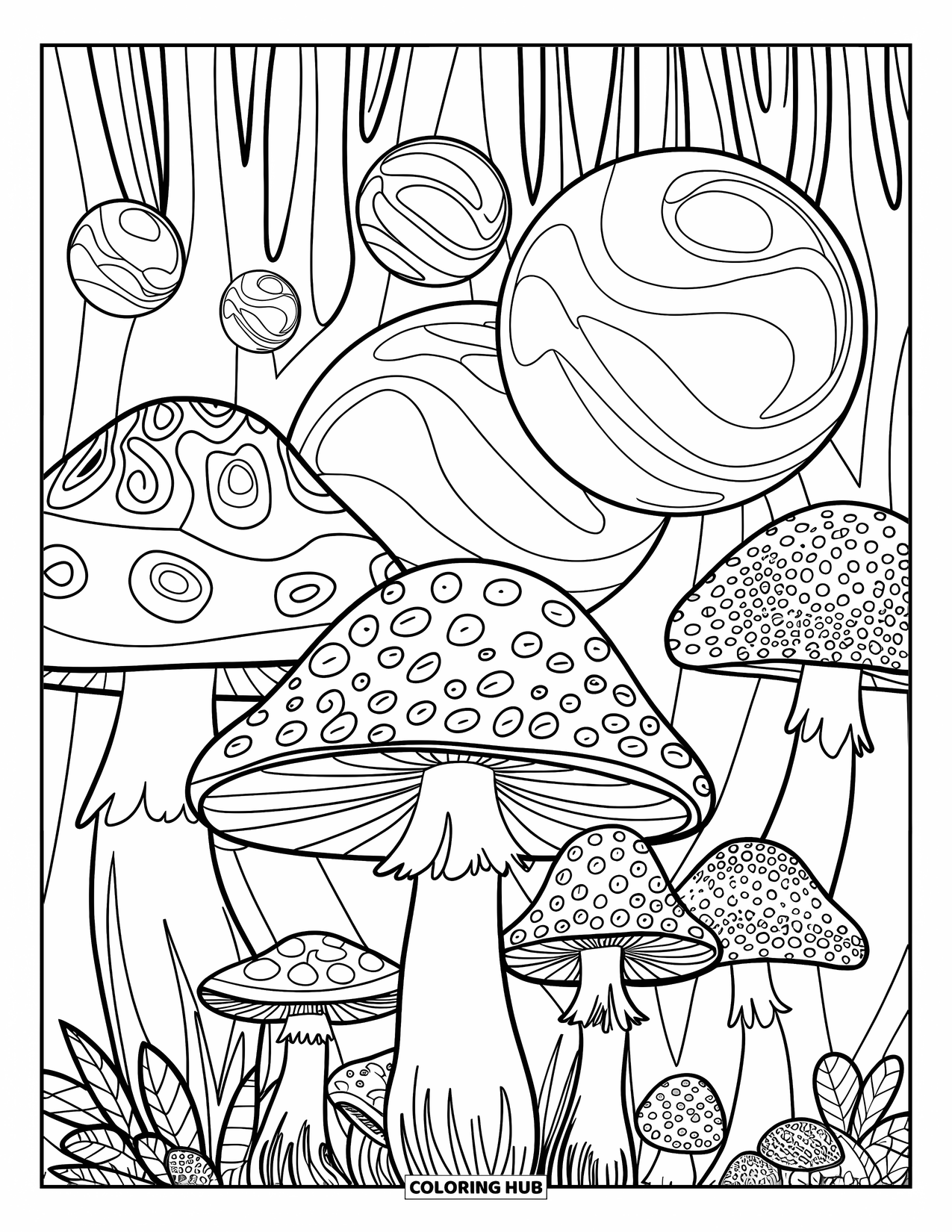 Aesthetic Trippy Coloring Page for Kids: A mushroom forest filled with spirals and floating bubbles