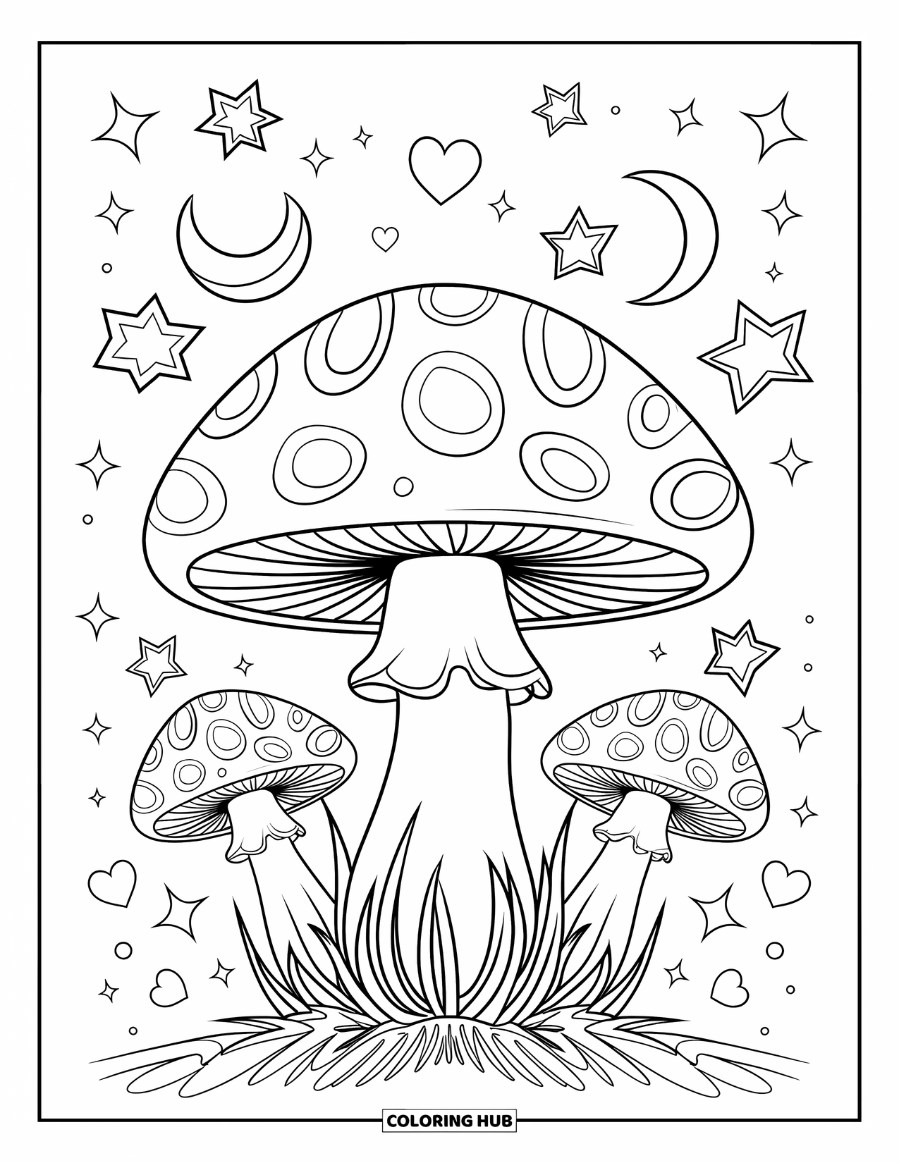 Aesthetic Trippy Coloring Page for Kids: A mushroom with a swirling cap surrounded by floating shapes