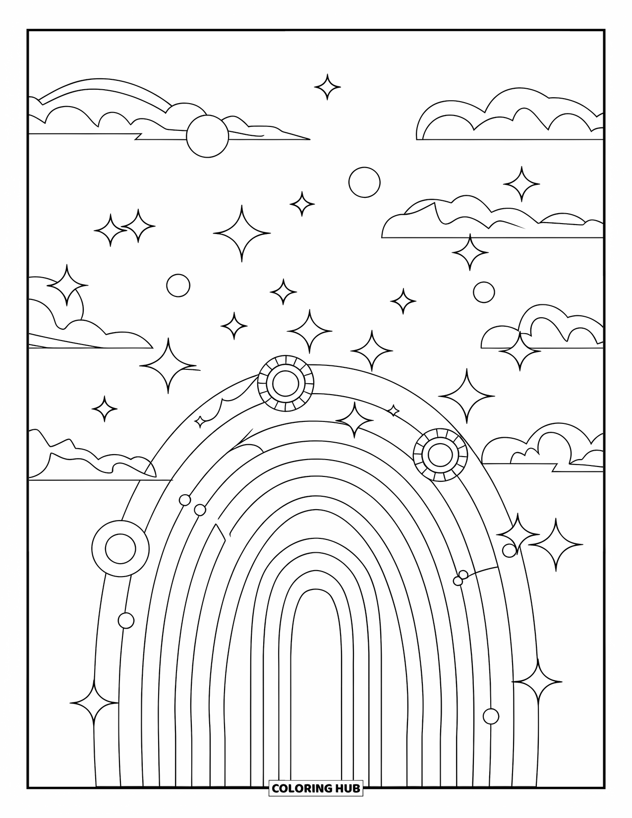 Aesthetic Trippy Coloring Page for Kids: A playful rainbow stretches through stars and spinning circles