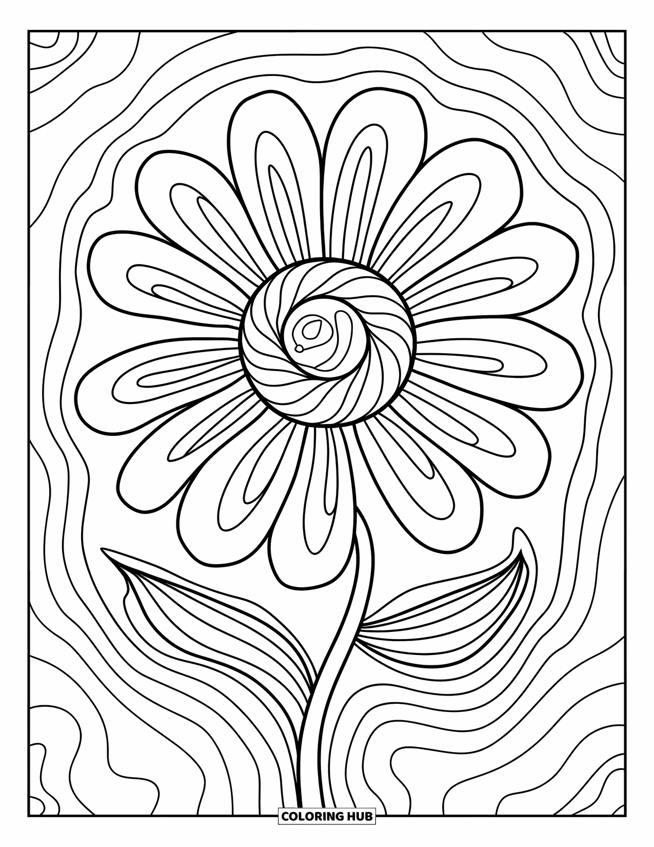 Aesthetic Trippy Coloring Page for Kids: A psychedelic flower with spiraling petals and circular designs