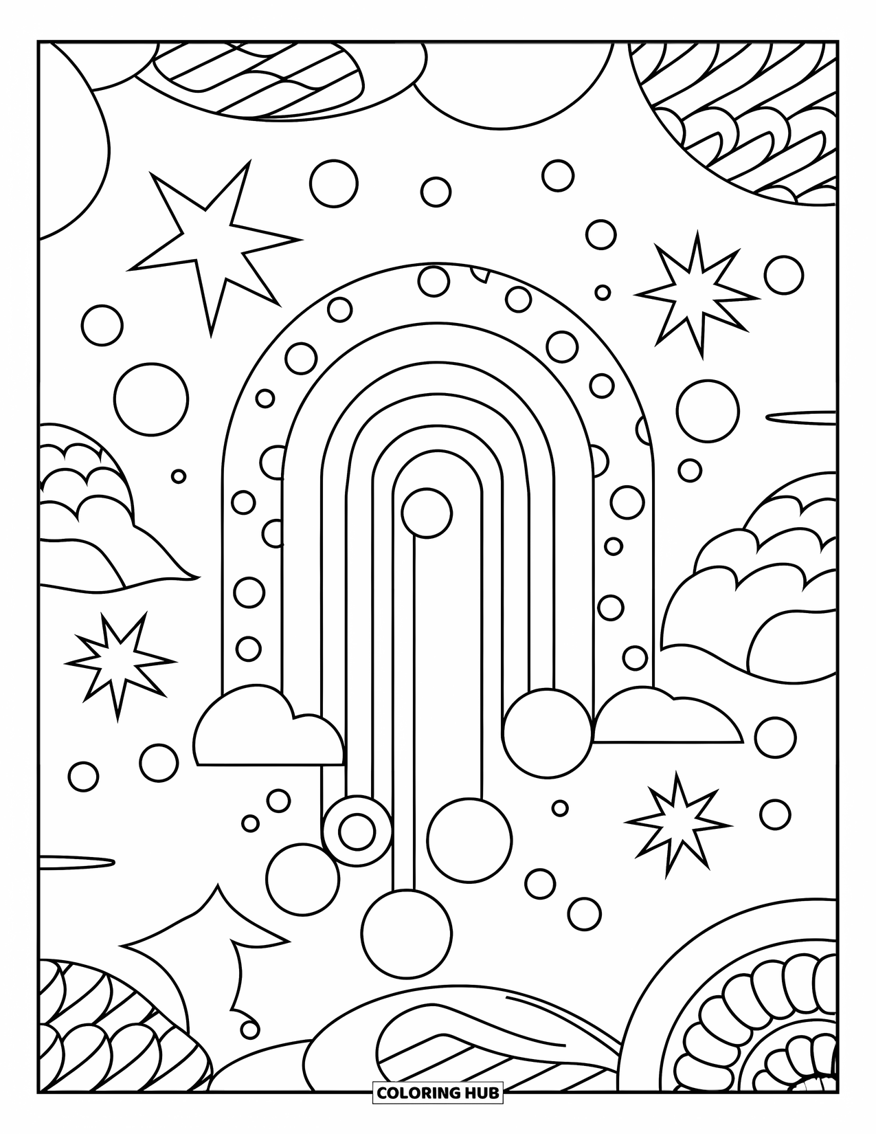 Aesthetic Trippy Coloring Page for Kids: A rainbow arches through stars and trippy floating circles