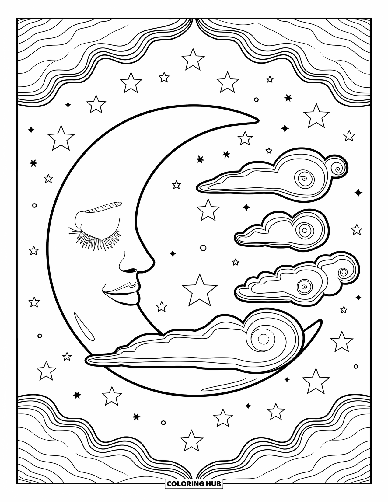 Aesthetic Trippy Coloring Page for Kids: A sleepy moon rests among swirling clouds and stars
