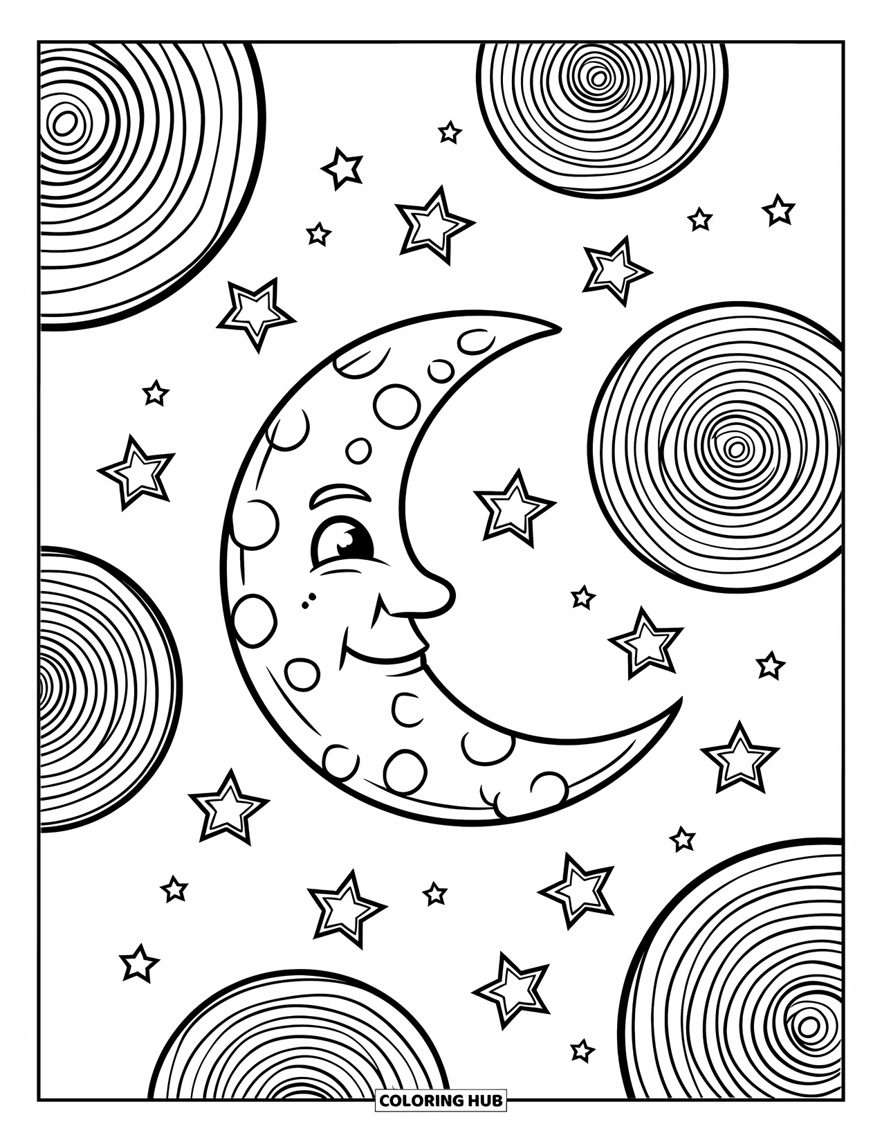 Aesthetic Trippy Coloring Page for Kids: A smiling moon shines among swirling trippy circles